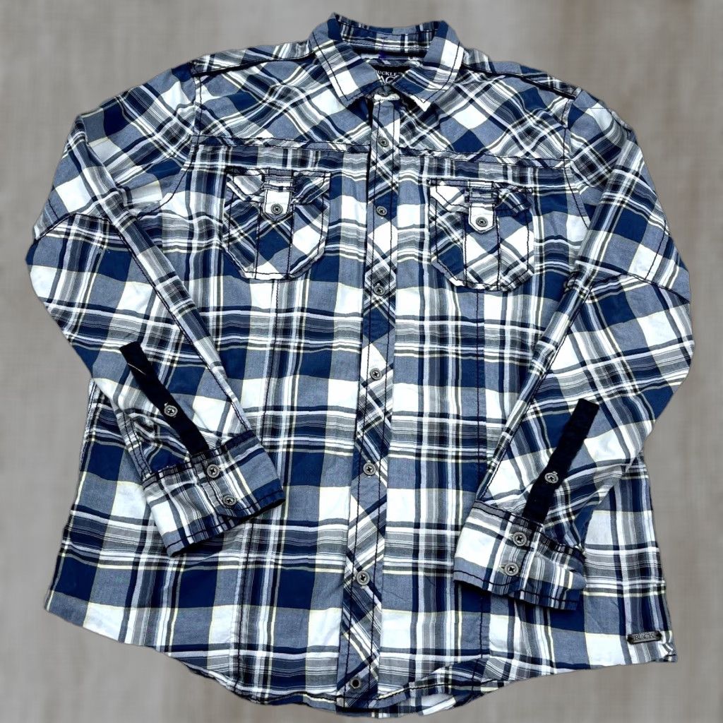Buckle Black VINTAGE Buckle Shirt Men Large Blue Plaid Button Up Slim Fit Double Pocket Dress Adult Size 42R - 1 Thumbnail