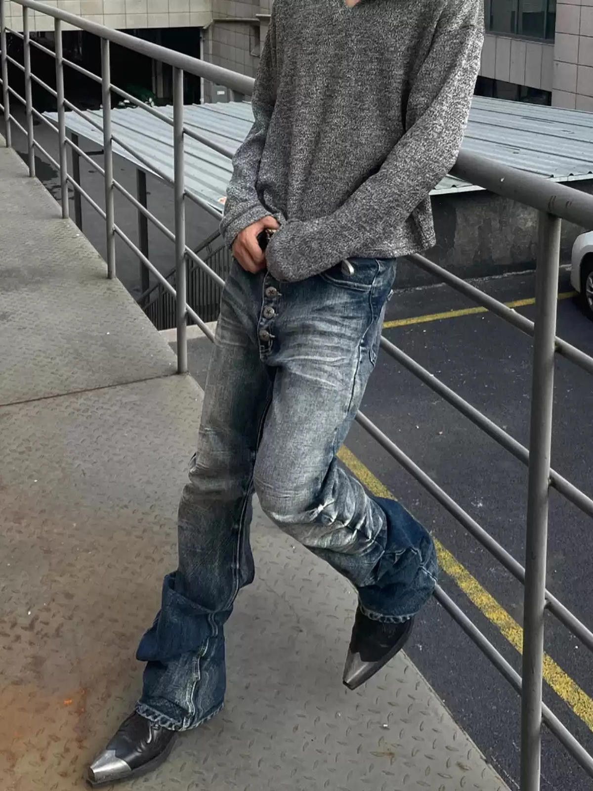 Jean Button-Fly Crinkle Curved Banana Denim Jeans Washed Stacked Size US 32 / EU 48 - 5 Thumbnail