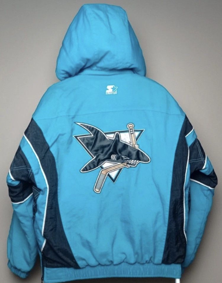 image of Bomber Jacket x Starter San Jose Sharks VTG Starter Bomber Hooded Winter Jacket Nhl in Blue (Size S