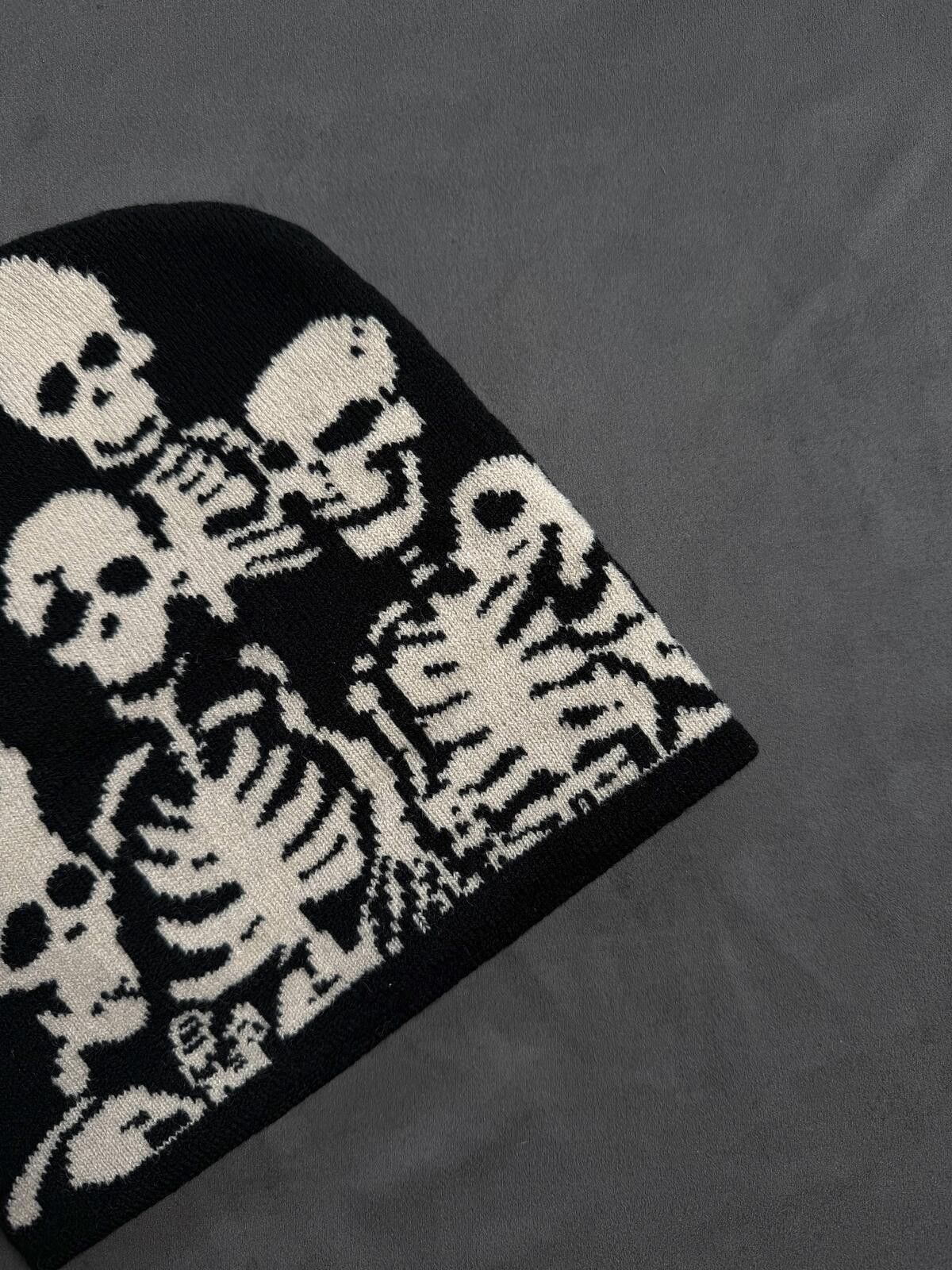 Japanese Brand Y2k Skeleton Graphic design No Cuff Knit Black Beanie Size ONE SIZE - 2 Thumbnail