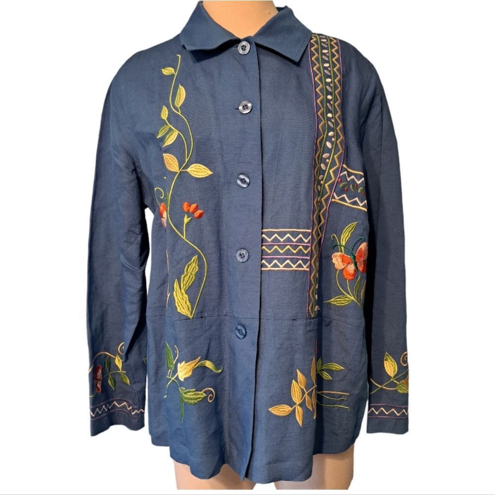 Other Susan Graver Grannycore Embroidered Linen Floral Butterfly Top Medium Blue/Multi Size M / US 6-8 / IT 42-44 - 3 Thumbnail