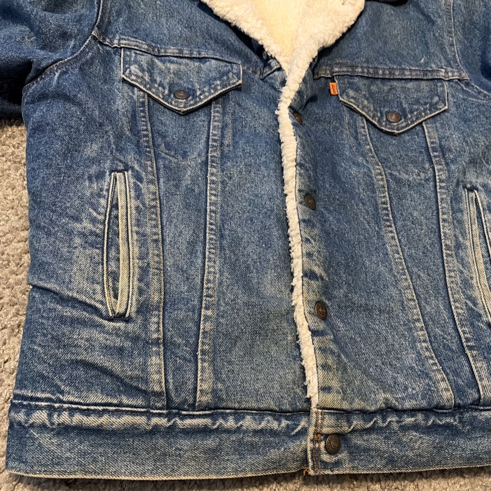 Levi's VINTAGE Levi's Orange Tab Denim Jean Sherpa Jacket L Large Mens 70s Bomber Orange Denim Jacket Size US 33 - 6 Thumbnail