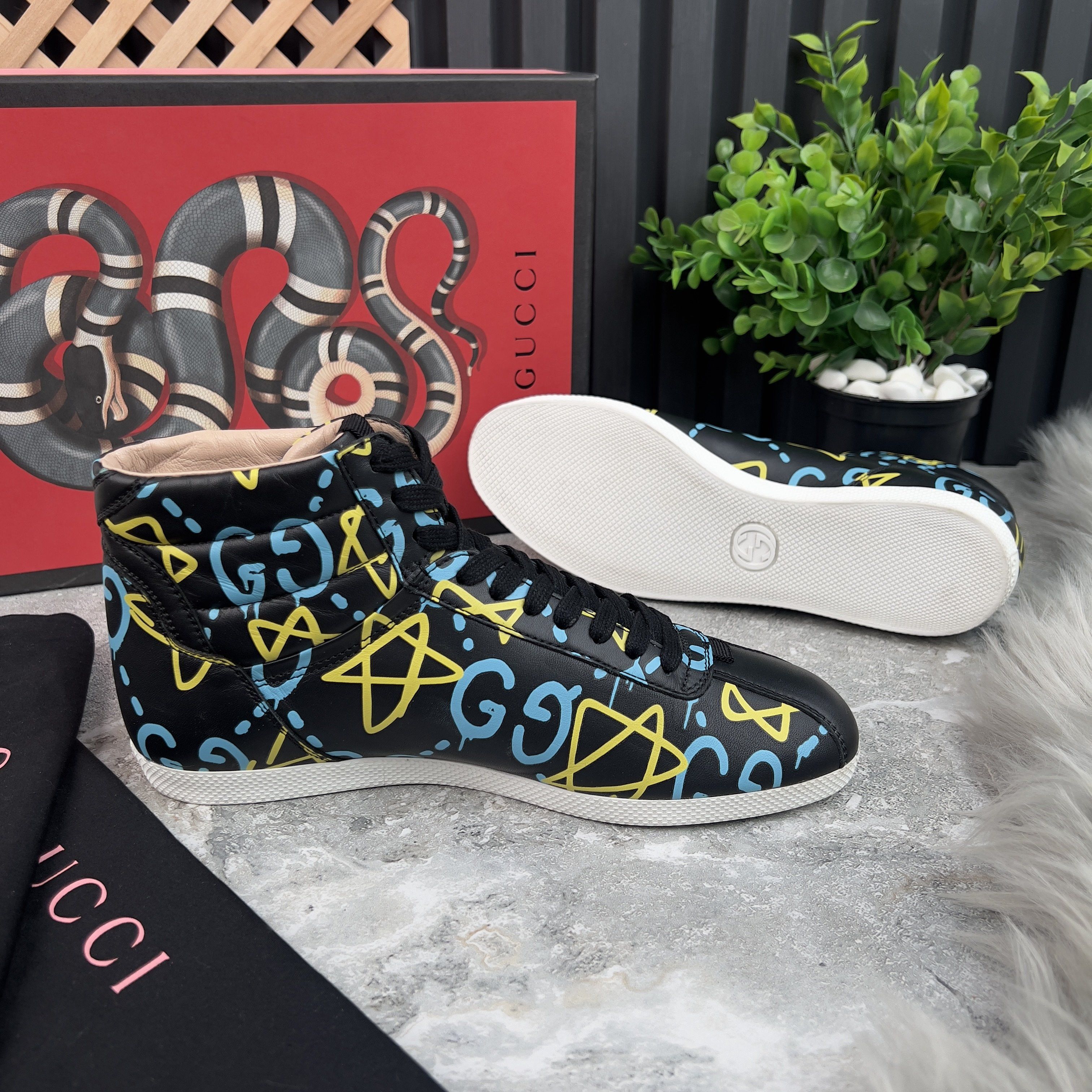 Gucci Apollo Graffiti Ghost Stars High Top Sneakers Black Logo Size US 7.5 / IT 37.5 - 9 Thumbnail