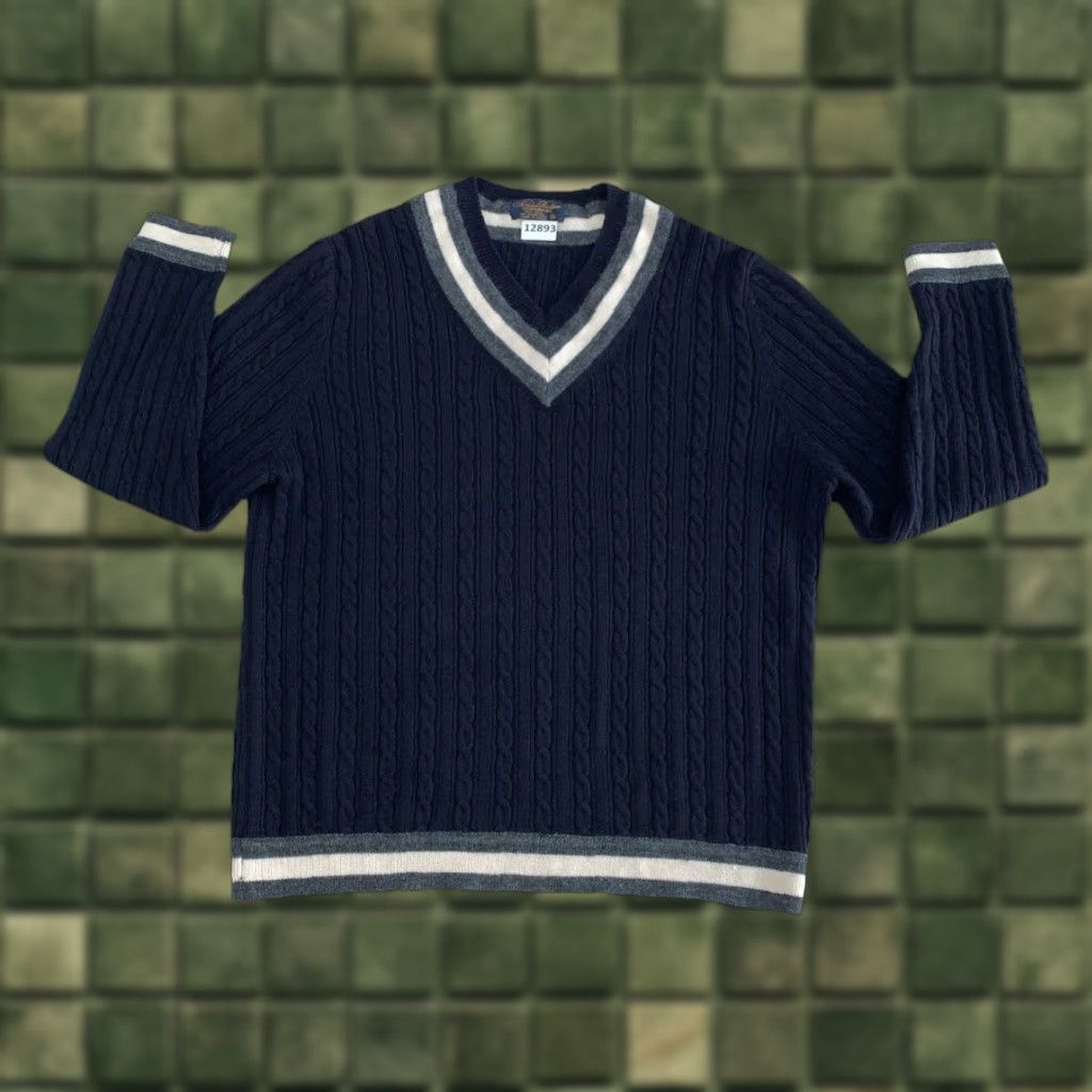 Brooks Brothers VINTAGE Brooks Brothers Sweater Men’s Wool V-Neck Cable Knit Navy/Blue XL Striped 90s Preppy Classic College Pullover Size US XL / EU 56 / 4 - 1 Thumbnail