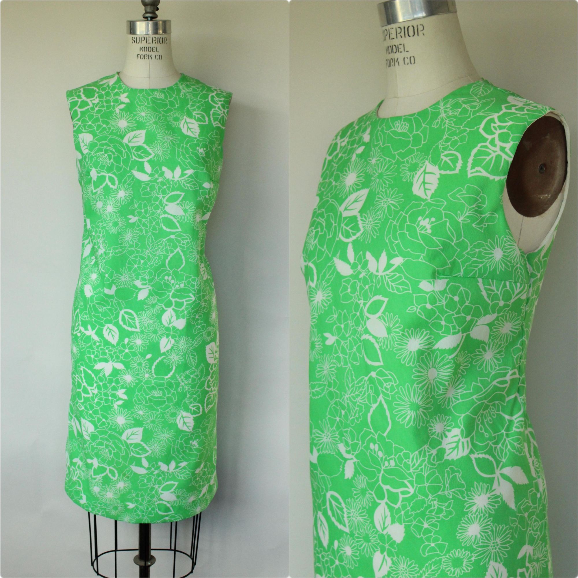 Vintage Vintage 1960s Dress, Volup Fritzi Green and White Floral Pri Size M / US 6-8 / IT 42-44 - 1 Thumbnail