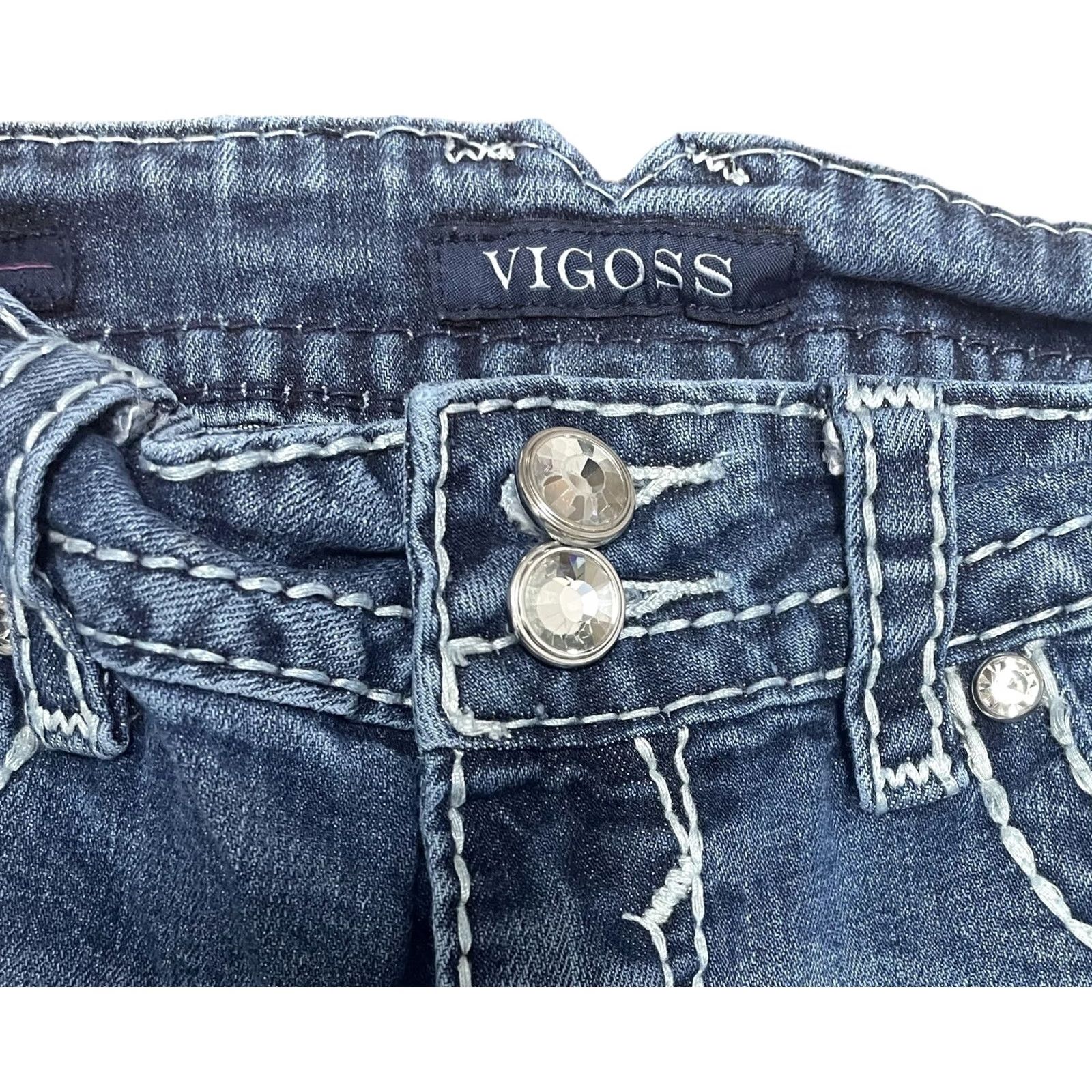 Vintage VIGOSS Jeans Capri Blue Studded Rhinestone Buttons Embroidered 3-4 28 Inseam 21in 5-Pocket Womens Capris Size 28" / US 6 / IT 42 - 5 Thumbnail