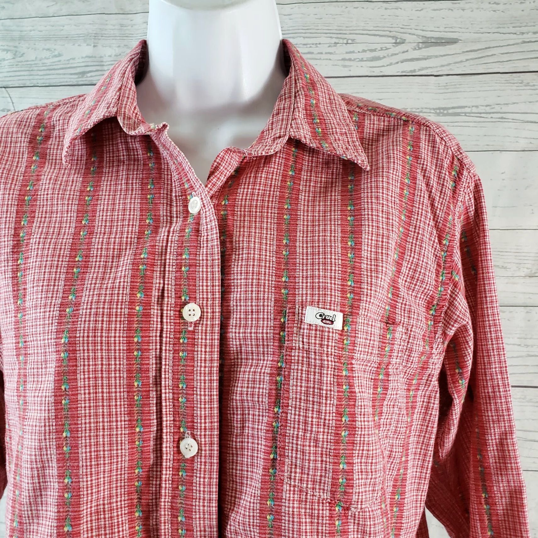 Vintage Cruel Girl Womens Button-Up Shirt M Red Embroidered Long Sleeve Shirt, Button Front, 100% Cotton, Casual, Regular, Womens Size M / US 6-8 / IT 42-44 - 2 Thumbnail