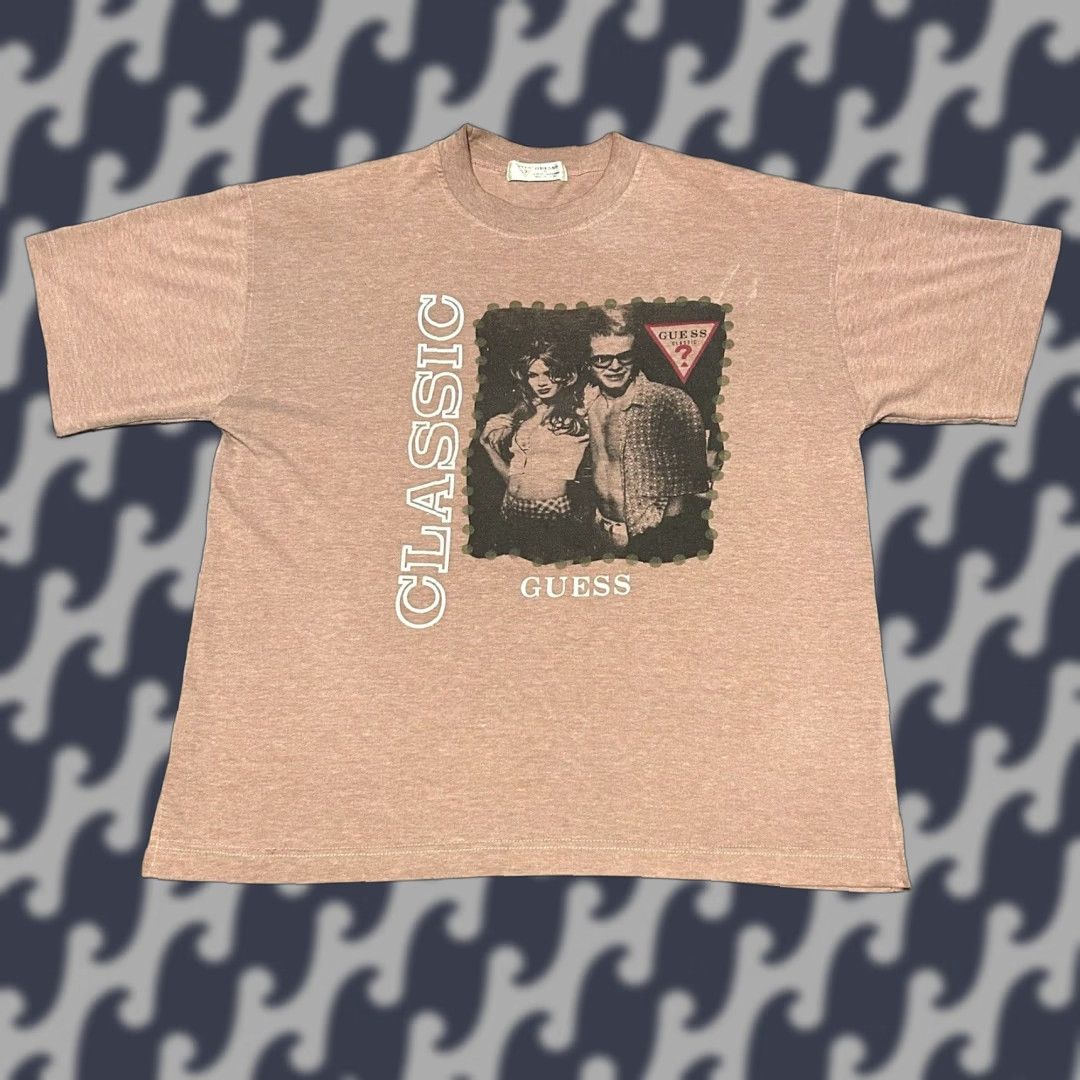 VINTAGE GUESS Men's T-Shirt Large Brown USA Graphic Classics Short