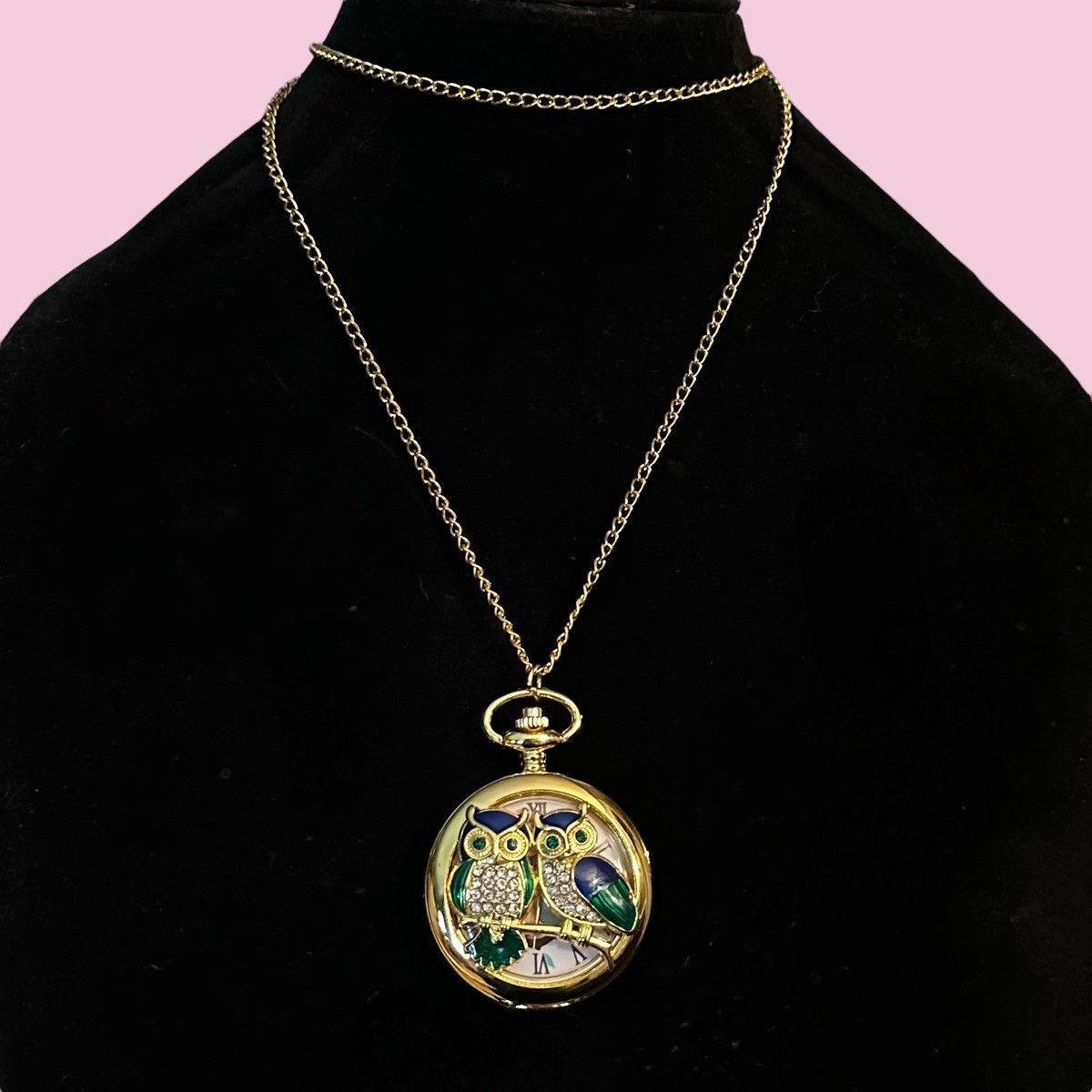 Other Gold tone twin rhinestone owls pocket watch pendant necklace Size ONE SIZE - 1 Thumbnail