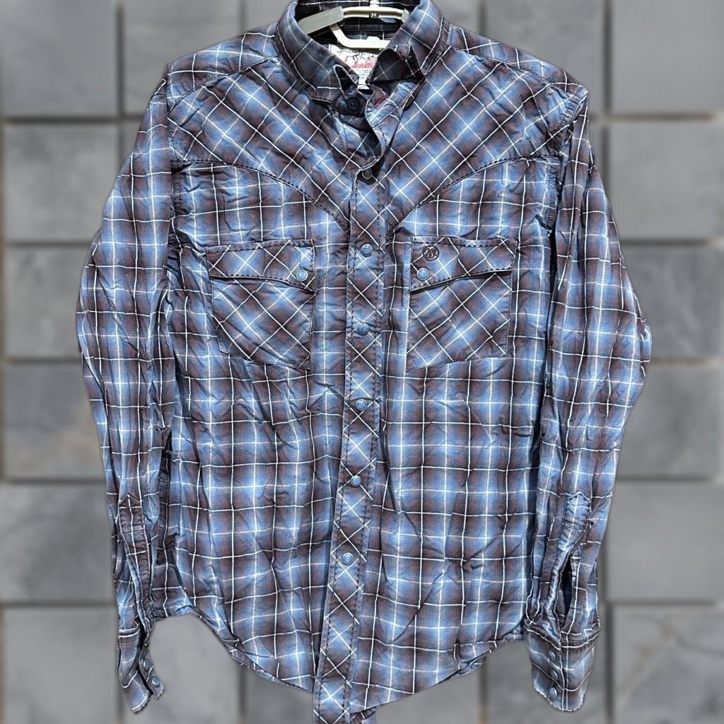 Wrangler Wrangler Western Shirt M Blue Brown Plaid 100% Cotton Pearl Snaps Button Up Mens Regular Long Sleeve Size M Size US M / EU 48-50 / 2 - 1 Thumbnail