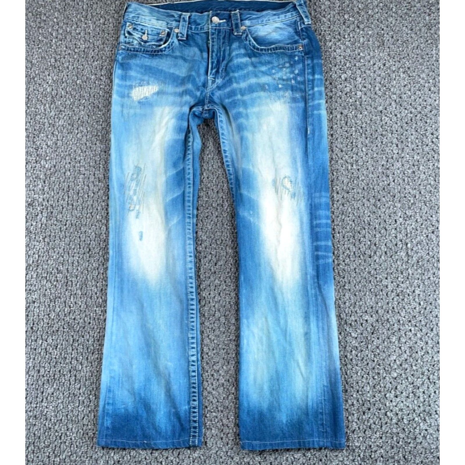 True Religion VINTAGE True Religion Jeans Men's 36 x 33 Blue Denim Distressed Straight Leg Flap Pocket Regular Mens Jeans 90s Rock Metal Size US 36 / EU 52 - 2 Thumbnail