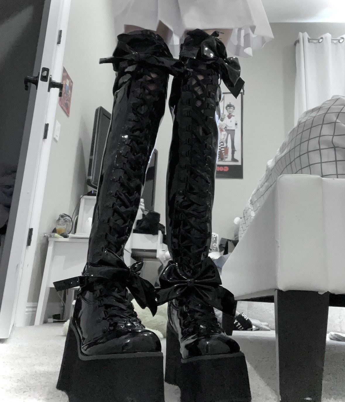 image of Demonia Cult Demonia Kera-303 Thigh High Boots With Bow Accent in Black, Women's (Size 7)