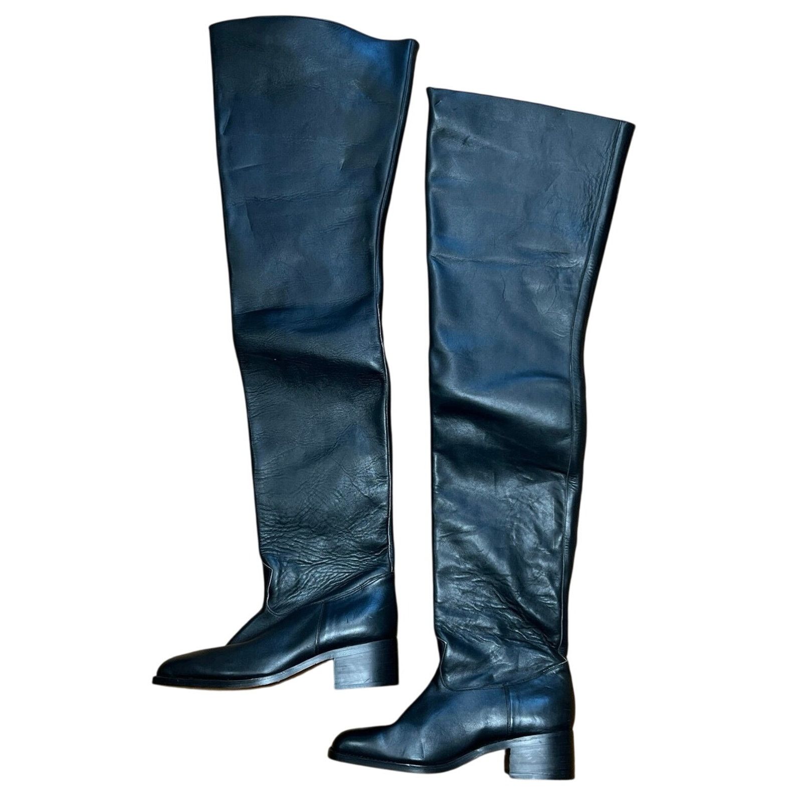 Handmade Vintage Rare Anello & Davide Tall Black Leather Boots Men 7D Size US 7 / EU 40 - 2 Thumbnail