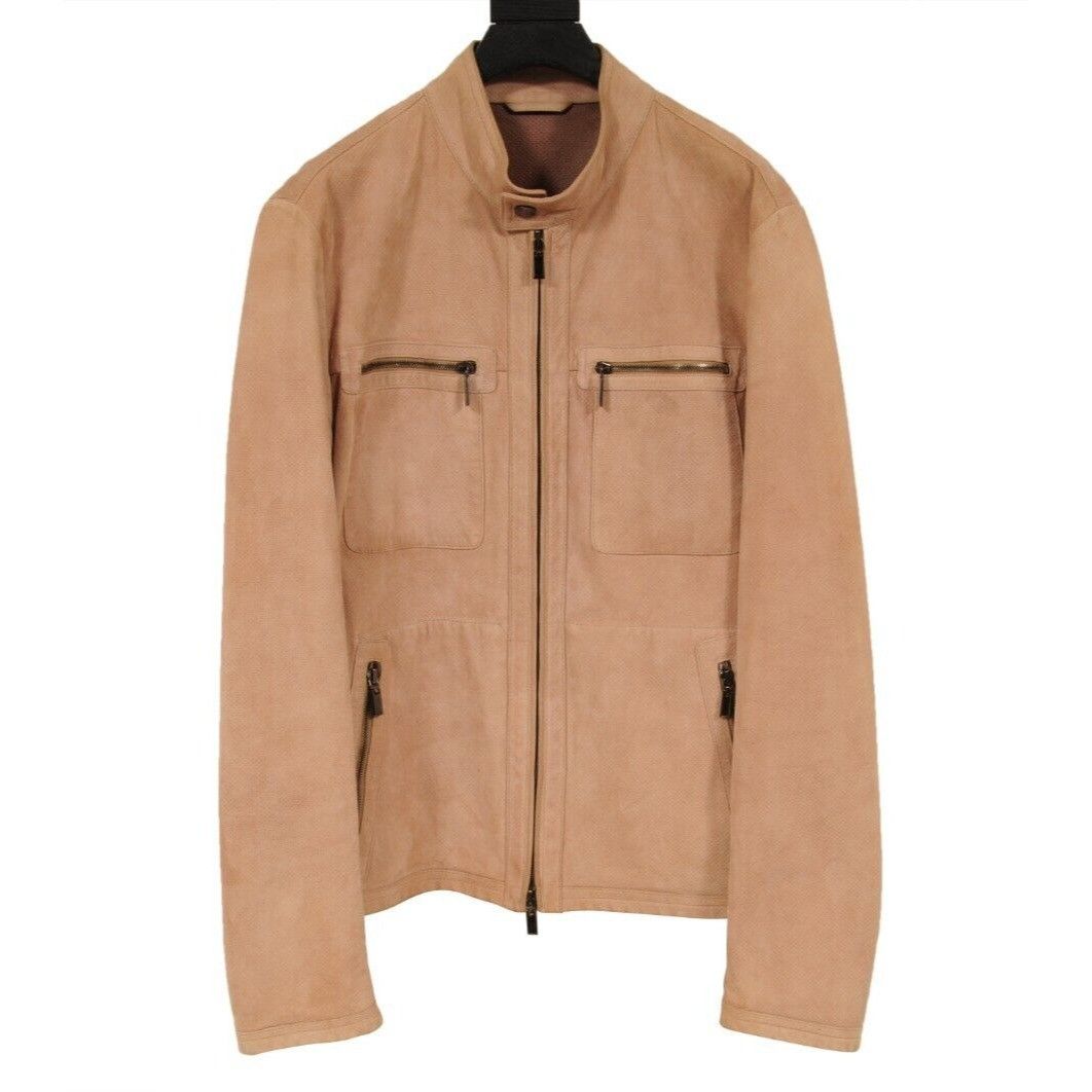 image of Canali Zip Up Suede Biker Jacket Light Brown Tan, Men's (Size Large)