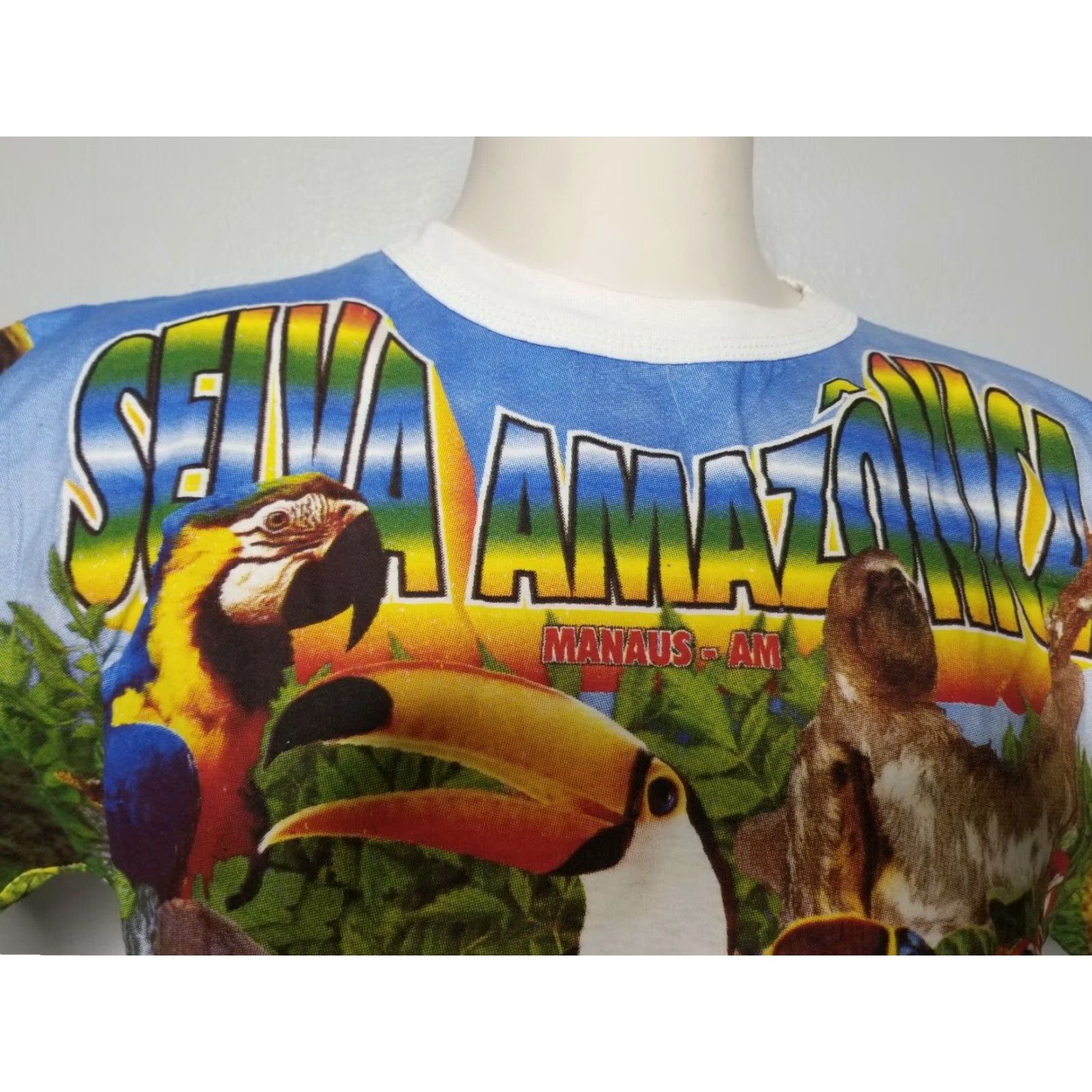 Vintage VINTAGE Manaus Brazil Rainforest All Over Print T Shirt Mens L White 90s Travel Graphic Print Mens Size US L / EU 52-54 / 3 - 4 Thumbnail