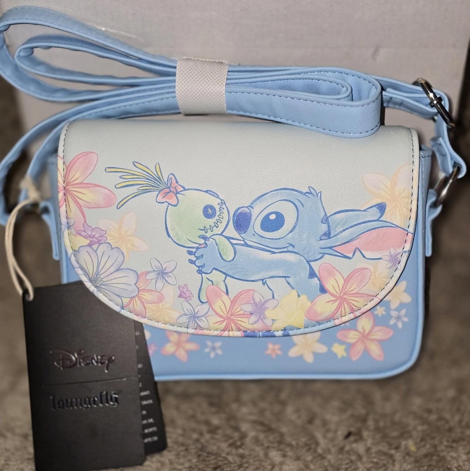 Designer Loungefly Disney Stitch & Scrump Flowers Crossbody Bag in Blue, Women's