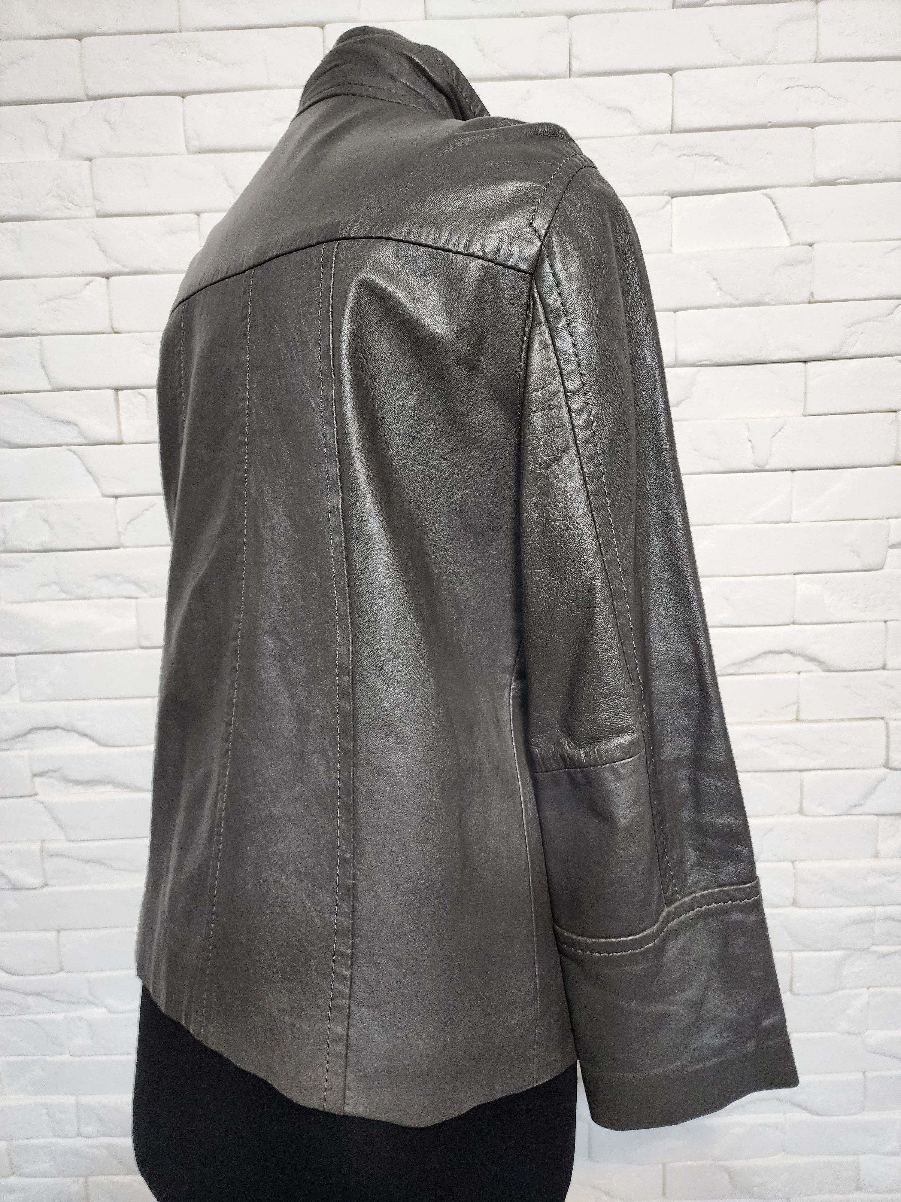 Genuine Leather Gray Leather Jacket: Women's Business Style, Metal Buttons Size L / US 10 / IT 46 - 6 Thumbnail