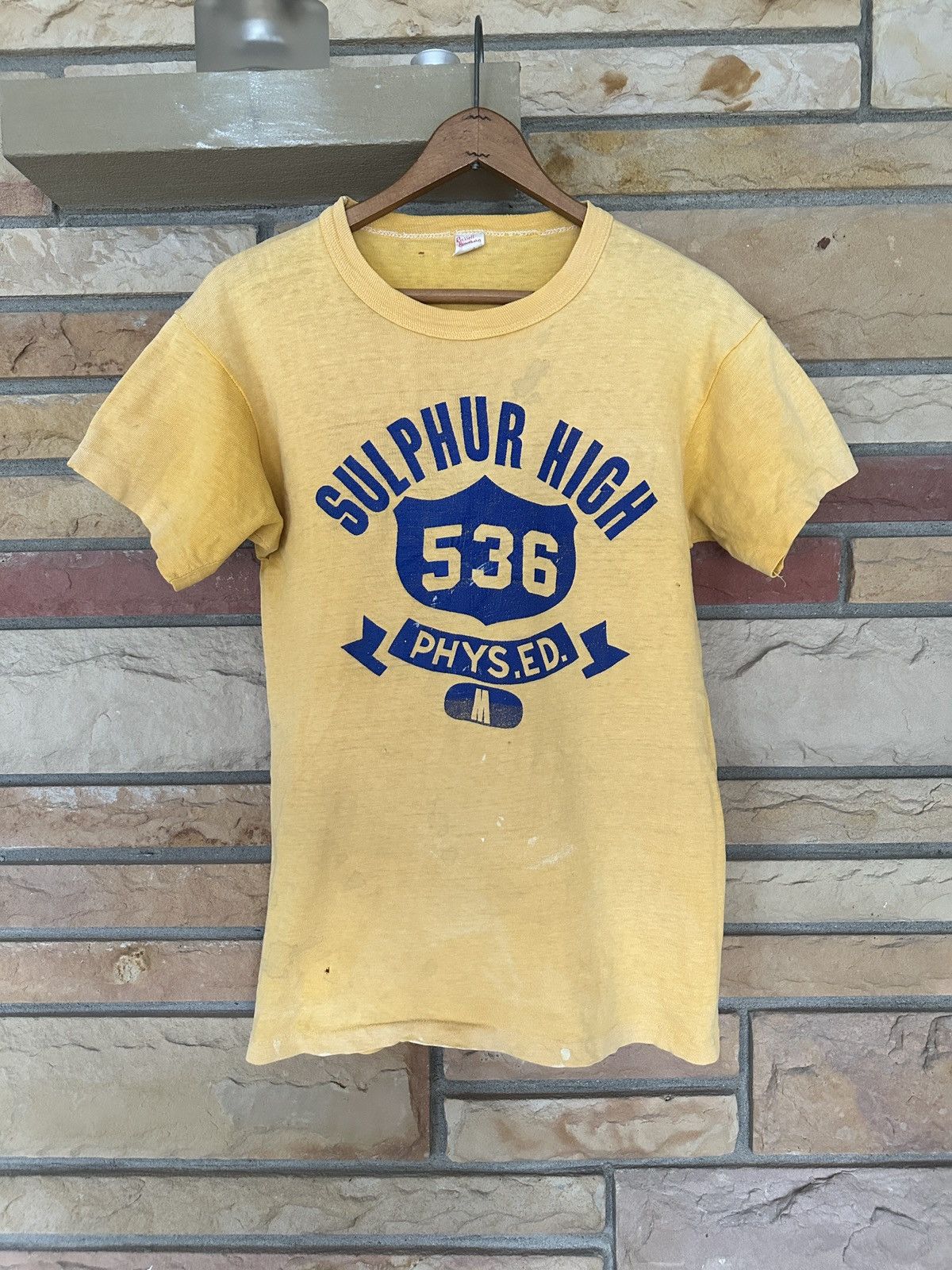 image of Made In USA x Russell Athletic Vintage 50S Sulphur High Physical Education Graphic Tee in Yellow Bl