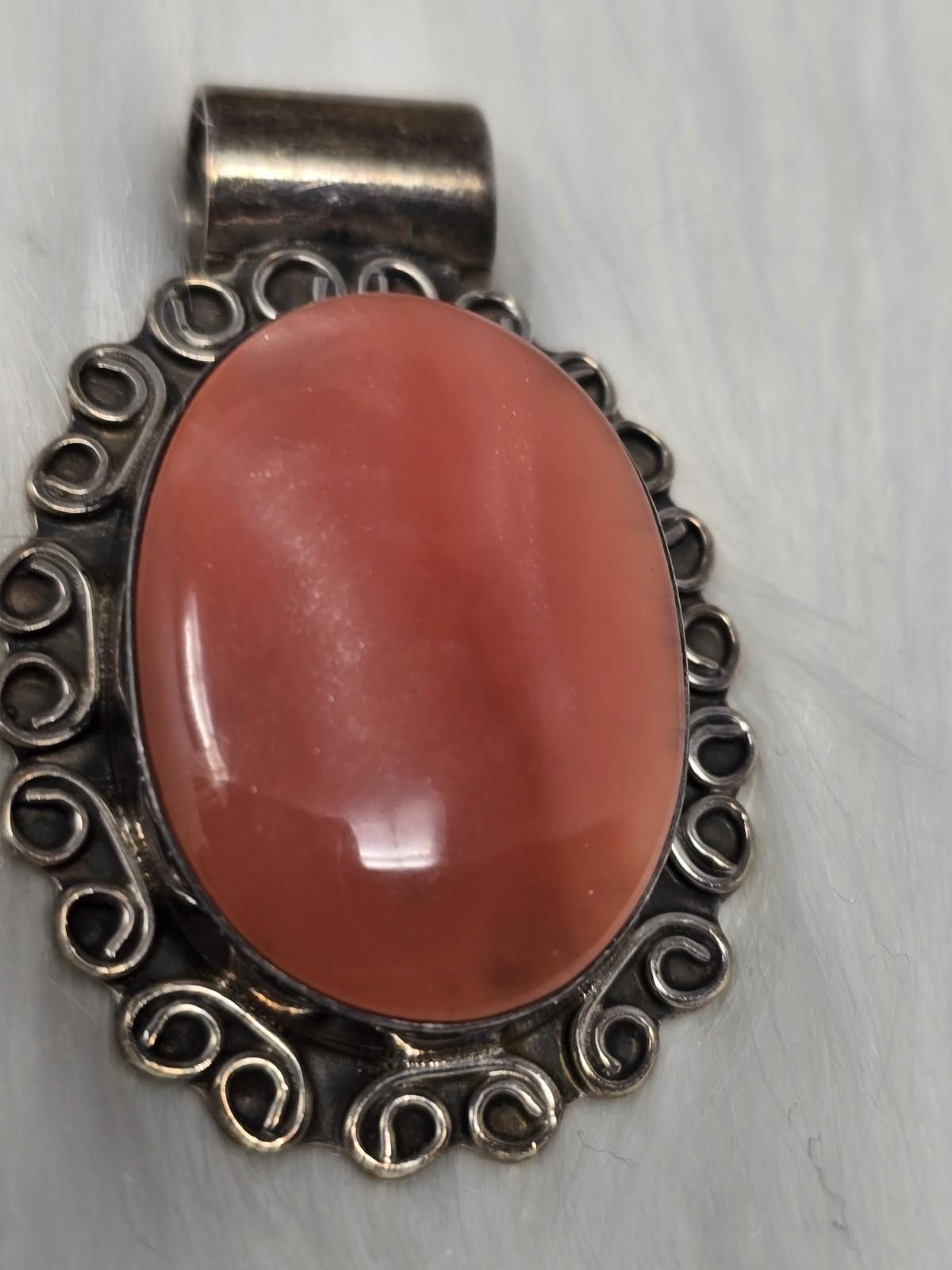 Other Vintage Taxco Sterling Silver Pendant Coral Cabochon Large Size ONE SIZE - 4 Thumbnail