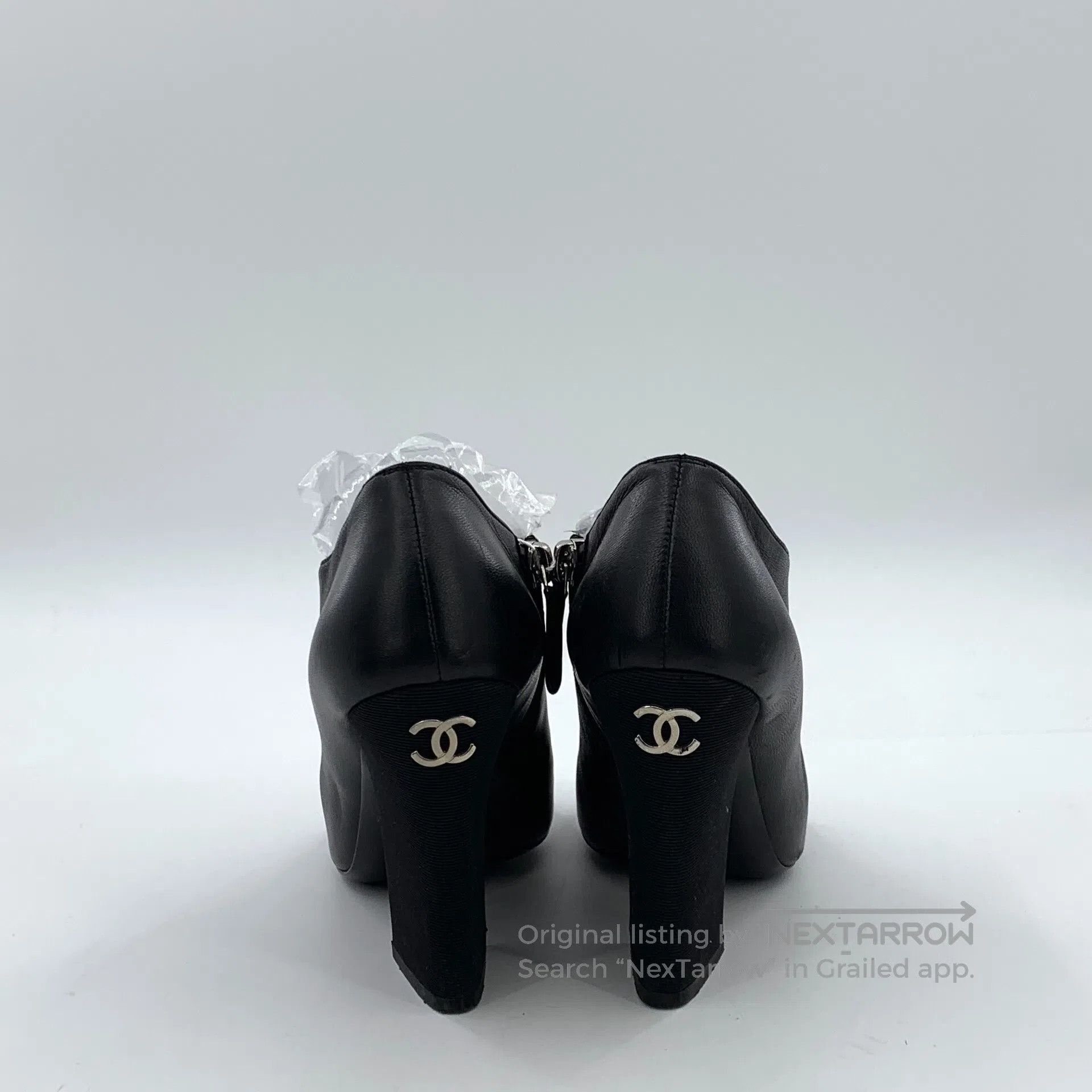 Chanel Chanel Black Leather Pearl Button Chunky Heel High Heels| Size US 5.5 / IT 35.5 - 4 Thumbnail