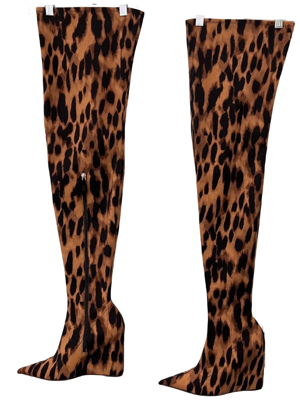 image of Amina Muaddi Brown Neoprene Danielle Latex Thigh High Boots in Leopard, Women's (Size 9)