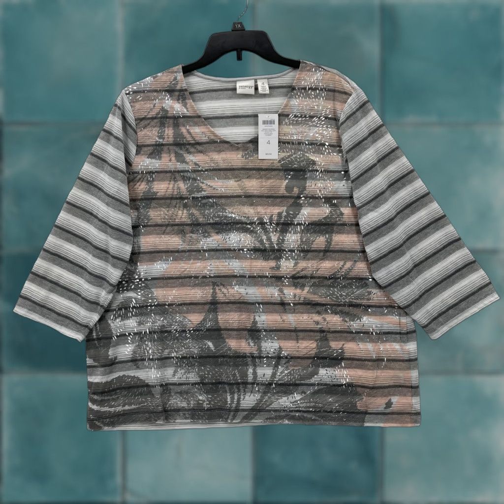 Vintage Chicos Zenergy Georgina Top Womens 4XL Papaya Whip Foil Floral 3/4 Sleeve Stripe Blouse V-Neck Gray Womens Size XXL / US 16-18 / IT 52-54 - 1 Thumbnail