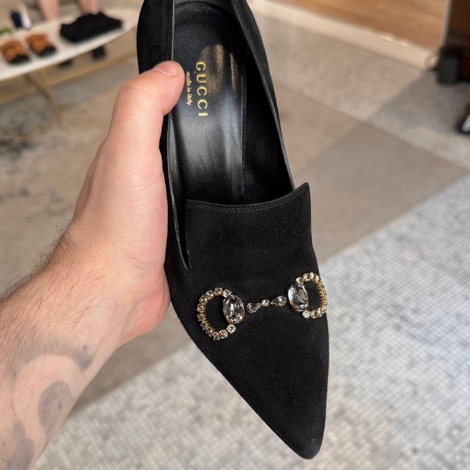 Gucci Gucci Black Suede Crystal Horsebit Pumps Size US 7.5 / IT 37.5 - 11 Thumbnail