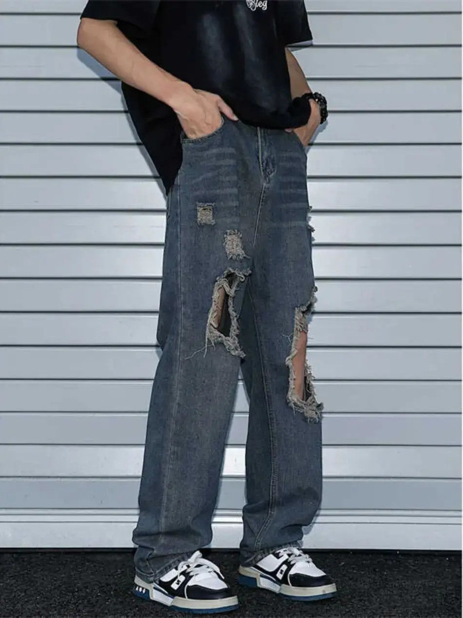 Japanese Brand Straight fit wide leg ripped jeans Size US 32 / EU 48 - 5 Thumbnail