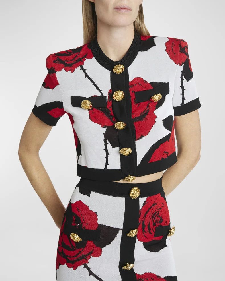 Balmain o1s1wg110825 Floral Jacquard Cropped Cardigan in Multicolor Size M / US 6-8 / IT 42-44 - 3 Thumbnail