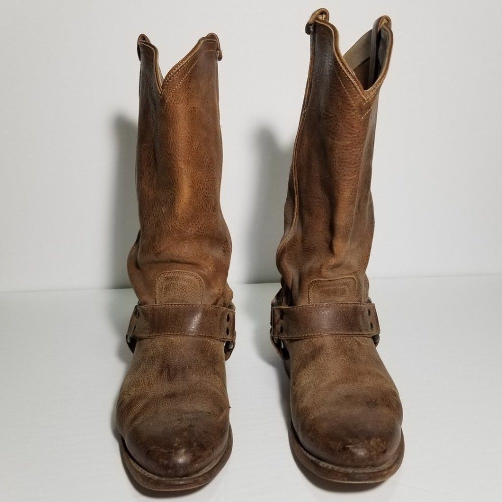 FRYE Brown Leather Wyatt Harness Mid Calf Cowboy Boots