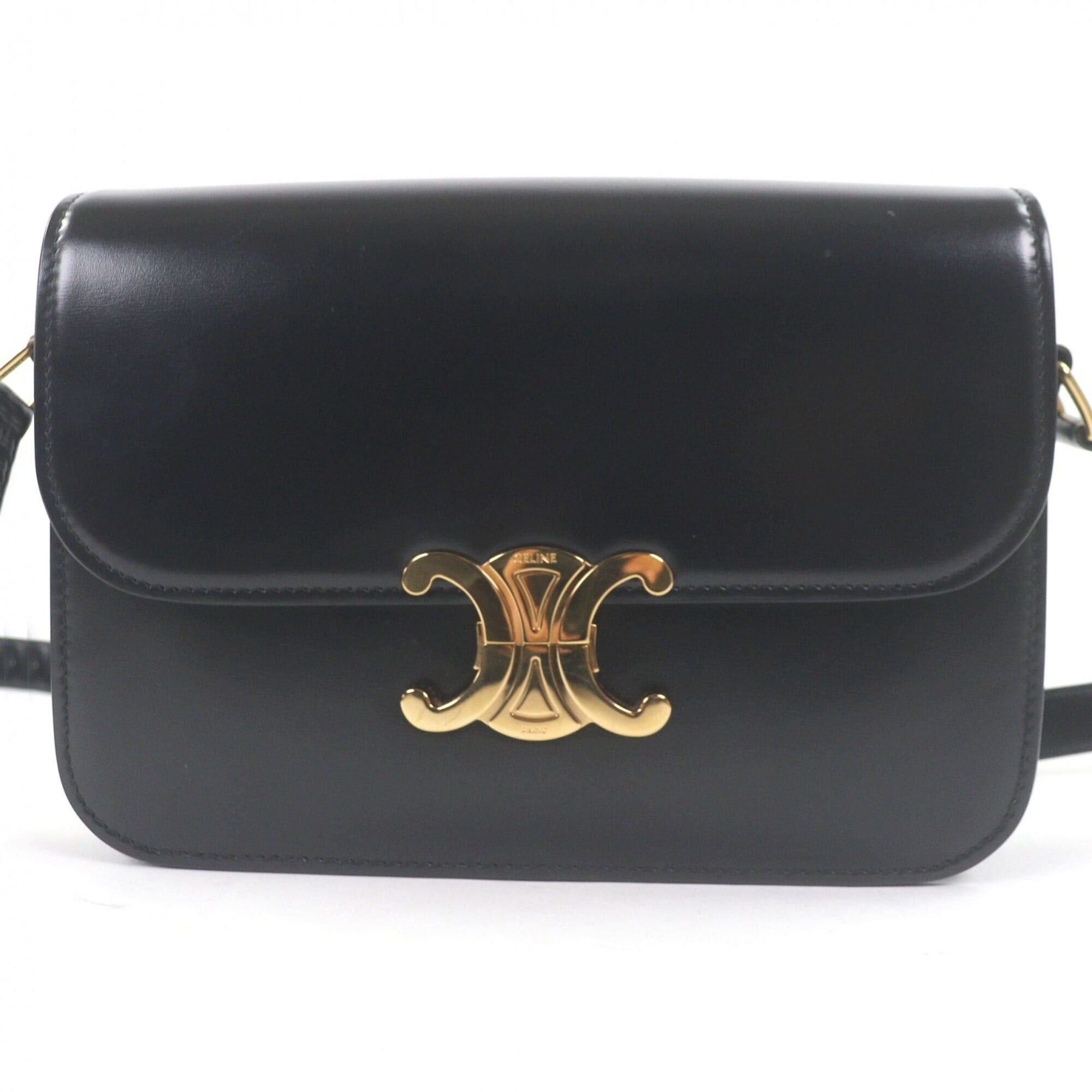 Celine CELINE Teen Shiny Calfskin Leather Triomphe Hardware Shoulder Bag Black Gold with Dust Women's Size ONE SIZE - 1 Thumbnail