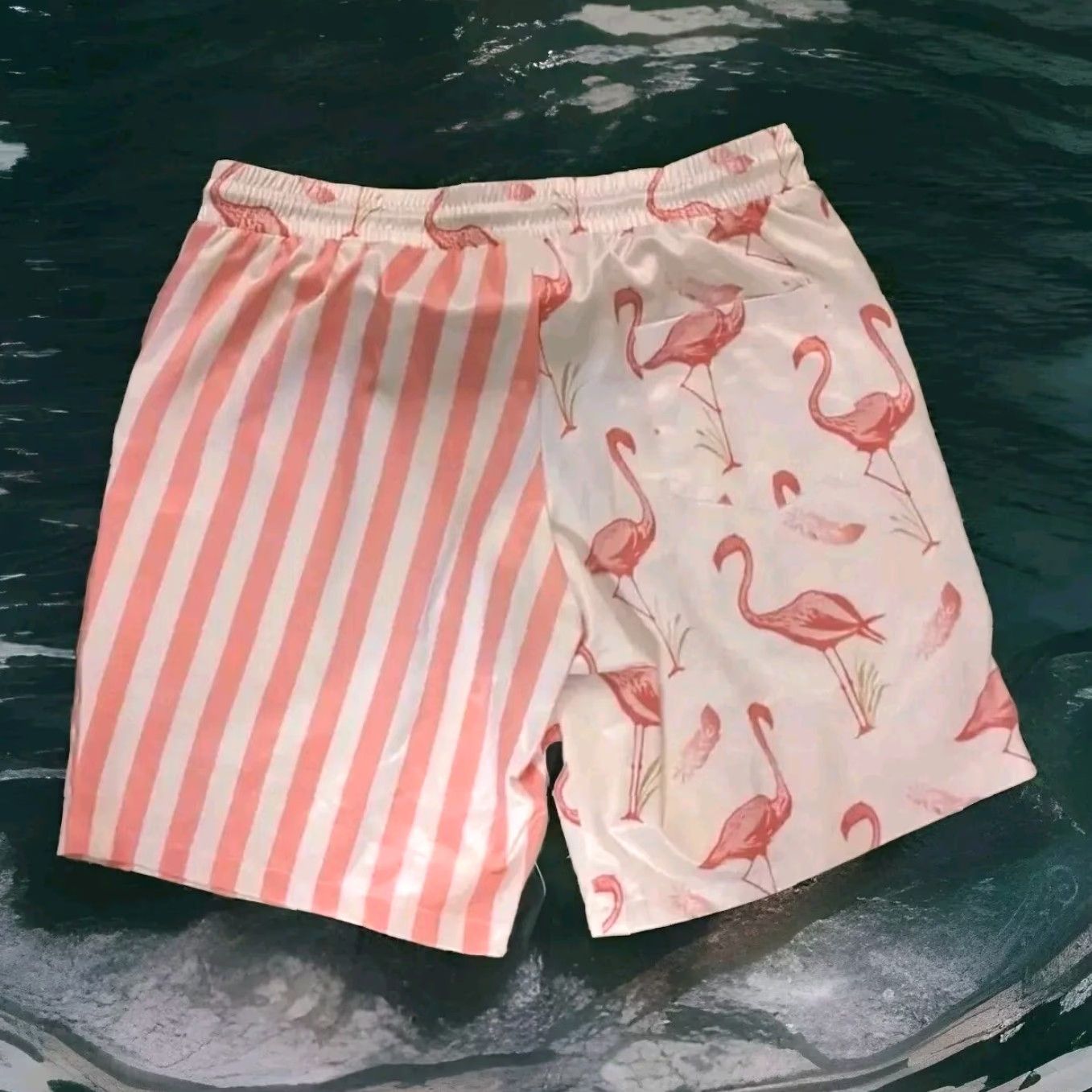 Pinko VINTAGE? No — Party Pants Mens Bottom L Pink Flamingos Stripes Back Pocket Lightweight Polyester Spandex Blended Fabric Short Pants Mens Size US 33 - 2 Thumbnail