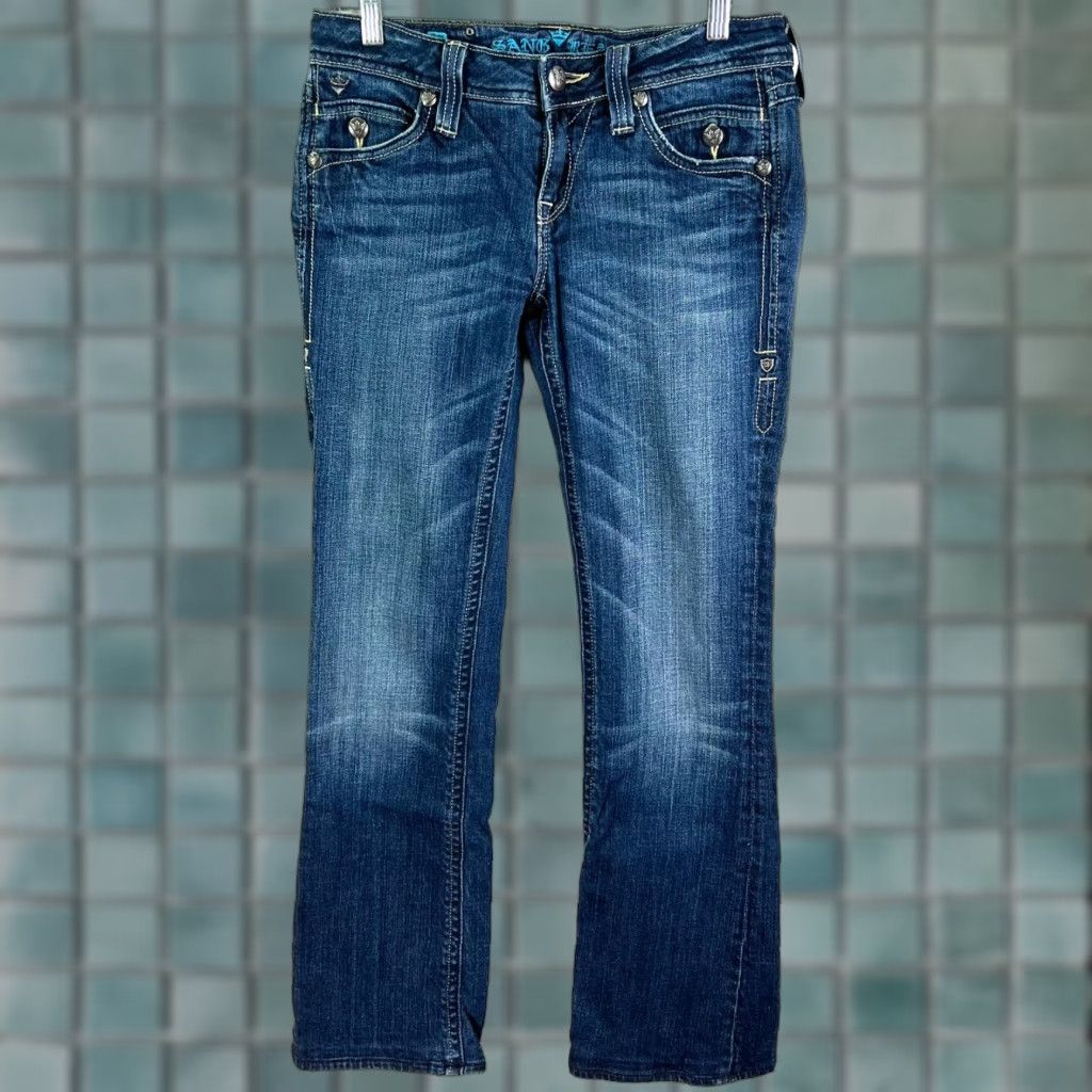 Vintage VINTAGE Sang Real Princess Angel Jeans Women 29 Boot Cut Denim Blue Embroidered Rhinestone Studded 5-Pocket Low Rise 32 Inseam 90s Bohemian Womens Size 29" - 1 Thumbnail