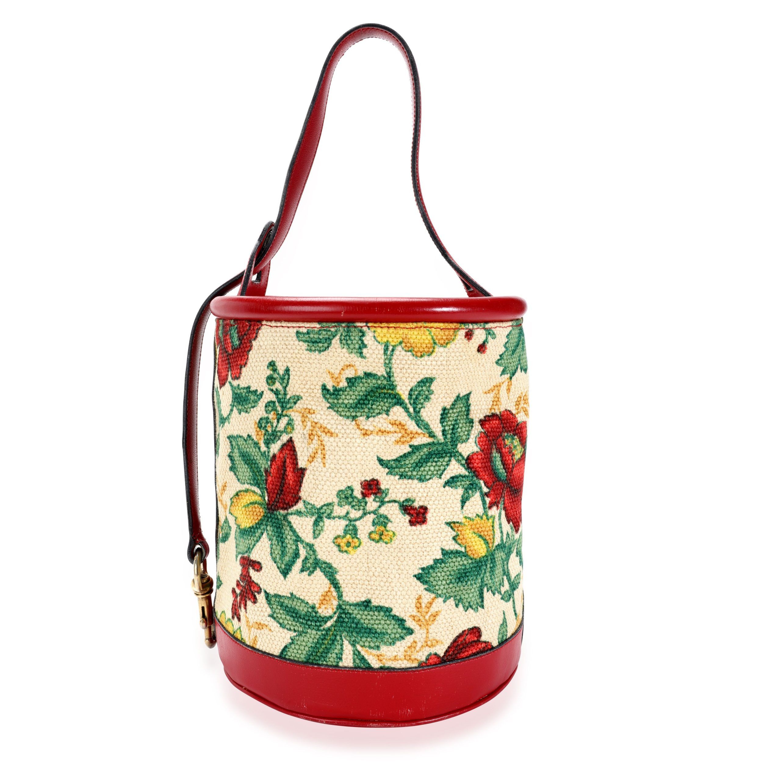 Gucci Vintage Red Leather Floral Tapestry Bucket Bag