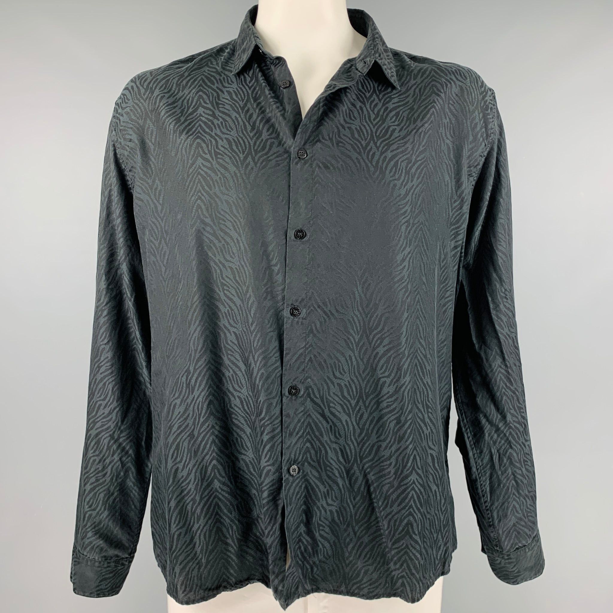 image of Roberto Cavalli Black Animal Print Cotton Silk Long Sleeve Shirt, Men's (Size XL)