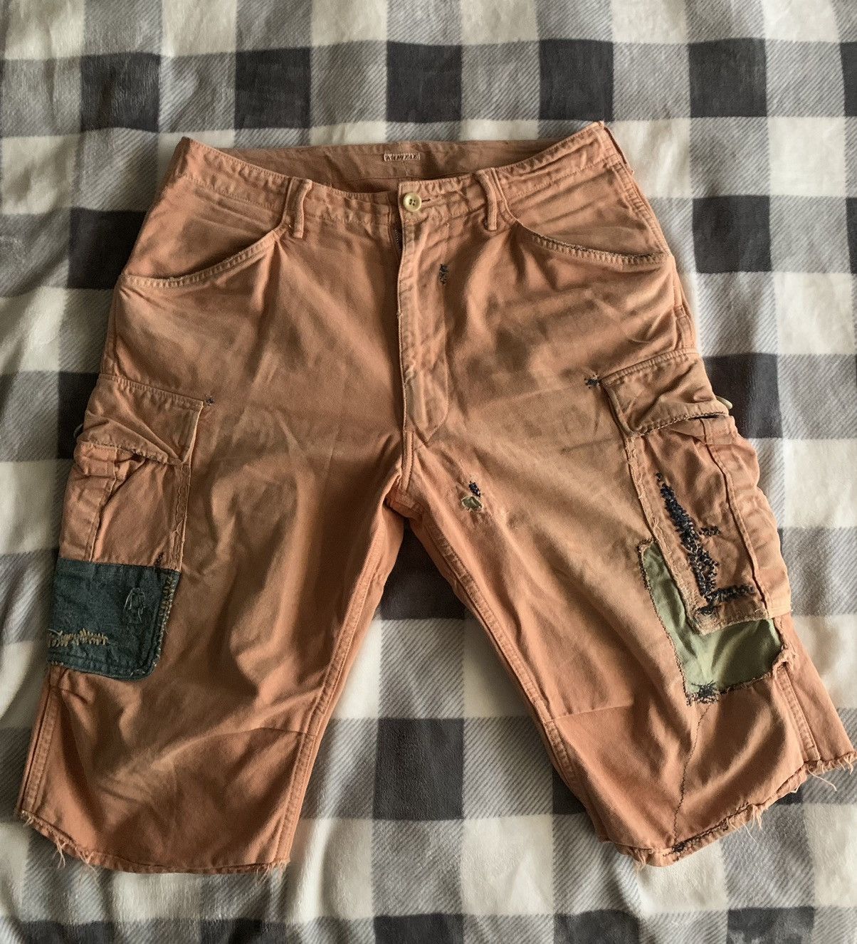 image of Kapital Patchwork Boro Orange Denim Shorts, Men's (Size 32)