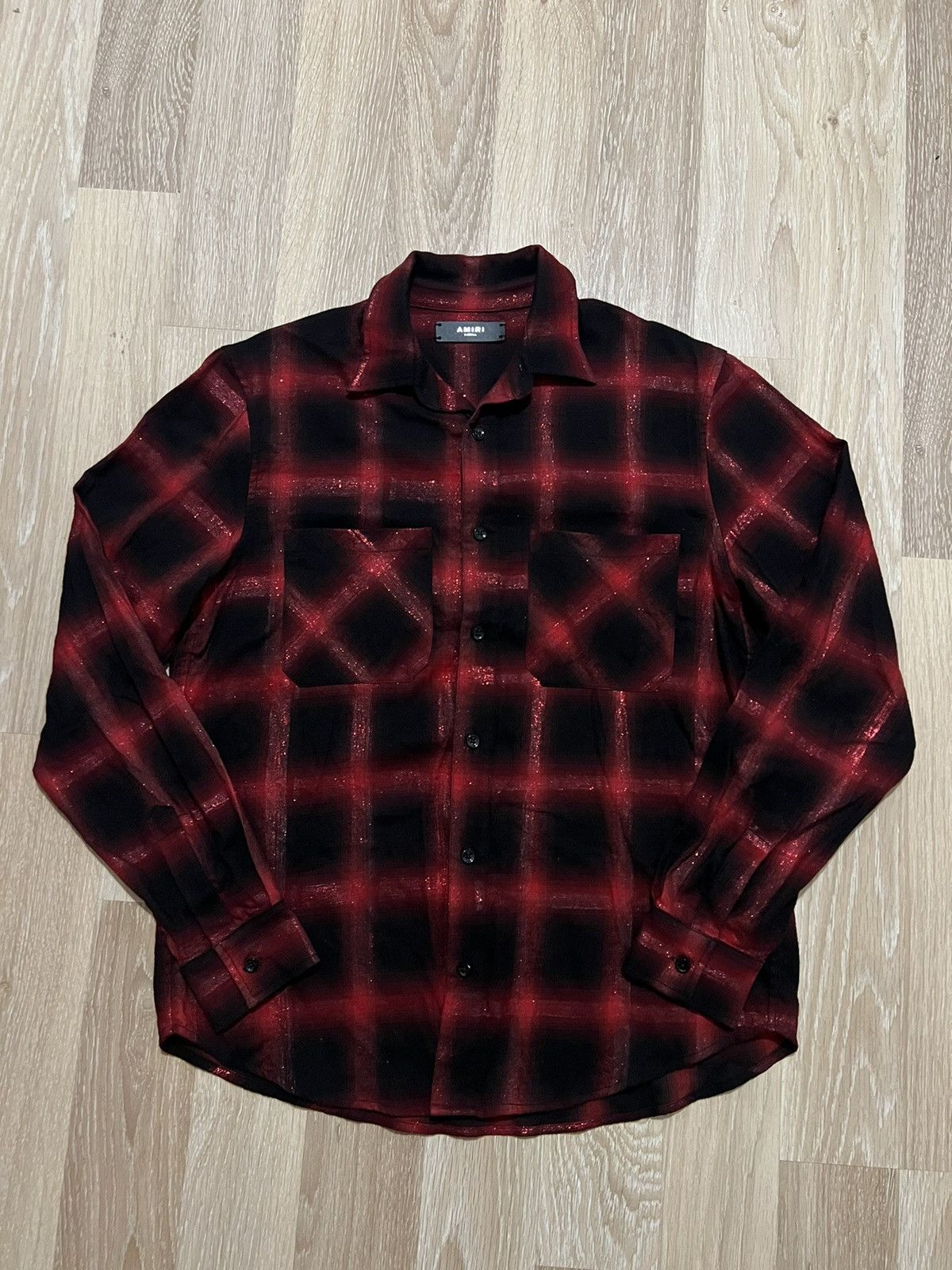 Image of Amiri Shirt Shadow Red Plaid Flannel in Black/Red, Men's (Size XS)