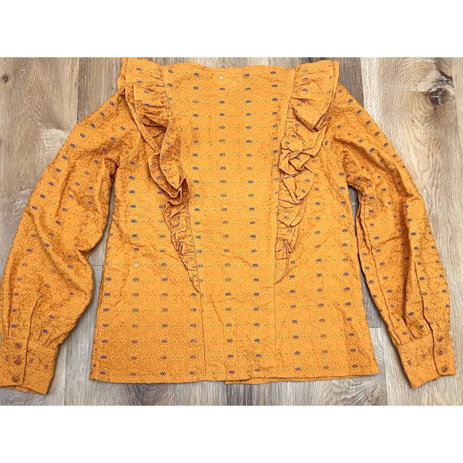 Vintage Sezane Blouse Shirt Woman 36 White Eyelet Ruffle Top Cottagecore Long Sleeve Button Lace 100% Cotton Size XS / US 0-2 / IT 36-38 - 5 Thumbnail