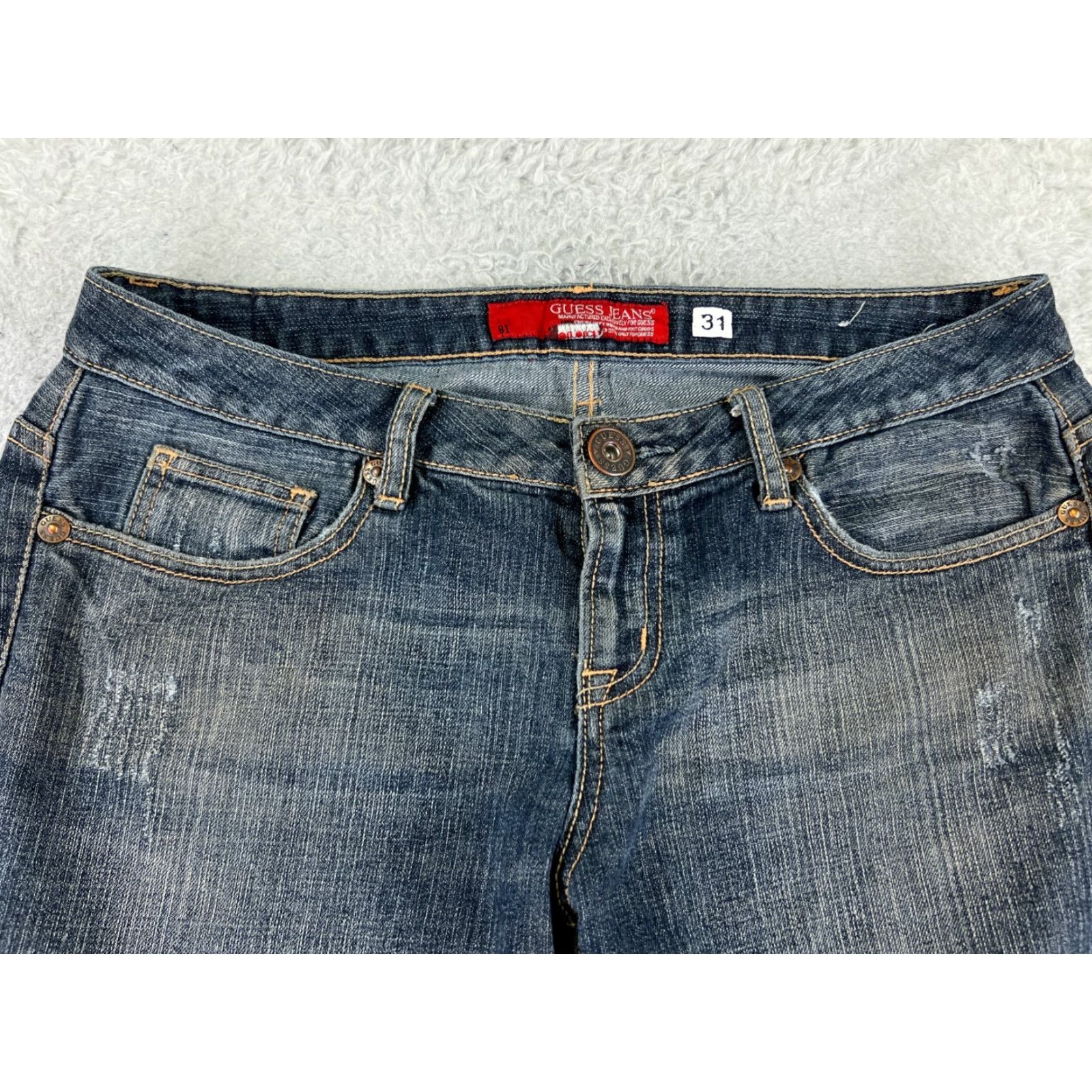 Guess GUESS Jeans Denim Bootcut 27 Blue Womens Low Rise Distressed 5-Pocket Inseam 32 inches Regular Cotton Pant Size 27" / US 4 / IT 40 - 4 Thumbnail