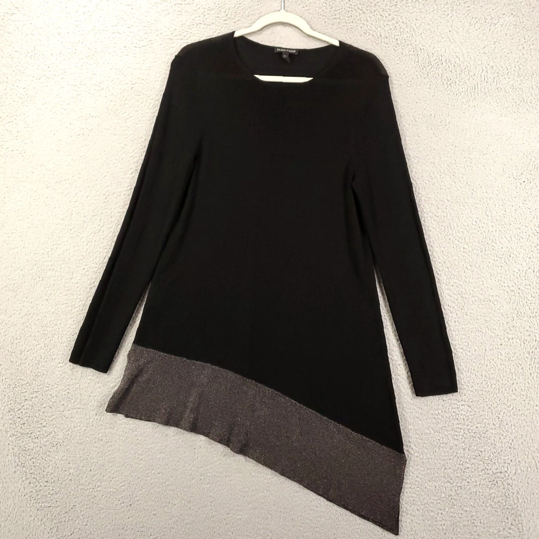 Eileen Fisher Eileen Fisher Black Top Womens Medium Asymmetic Sheer Hem Shimmer Artsy Blouse Dress Shirt? Size M / US 6-8 / IT 42-44 - 2 Thumbnail