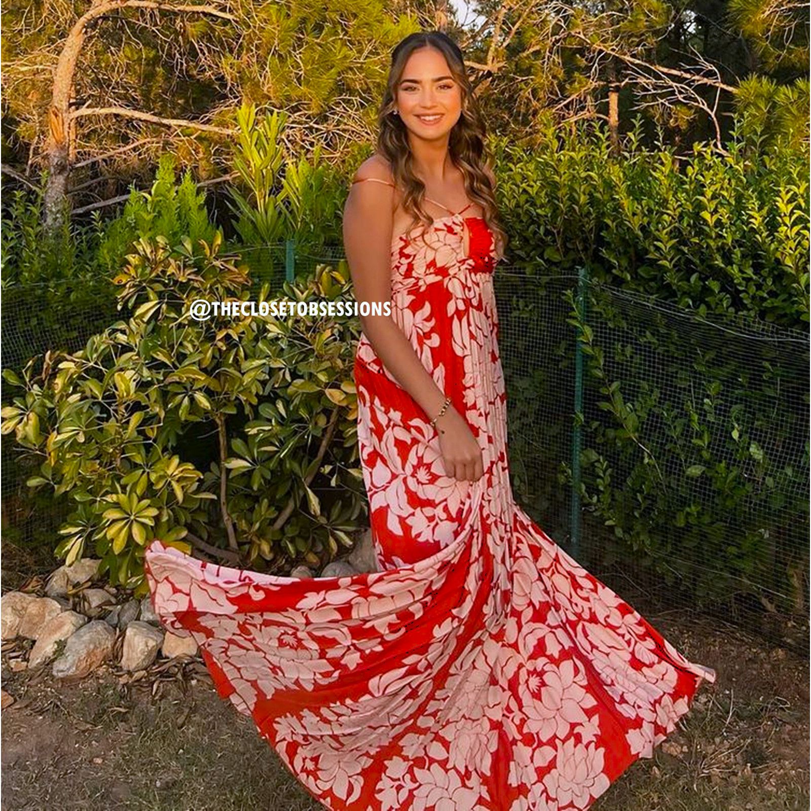 Mango Red Floral Pleated Halter Maxi Dress NWT