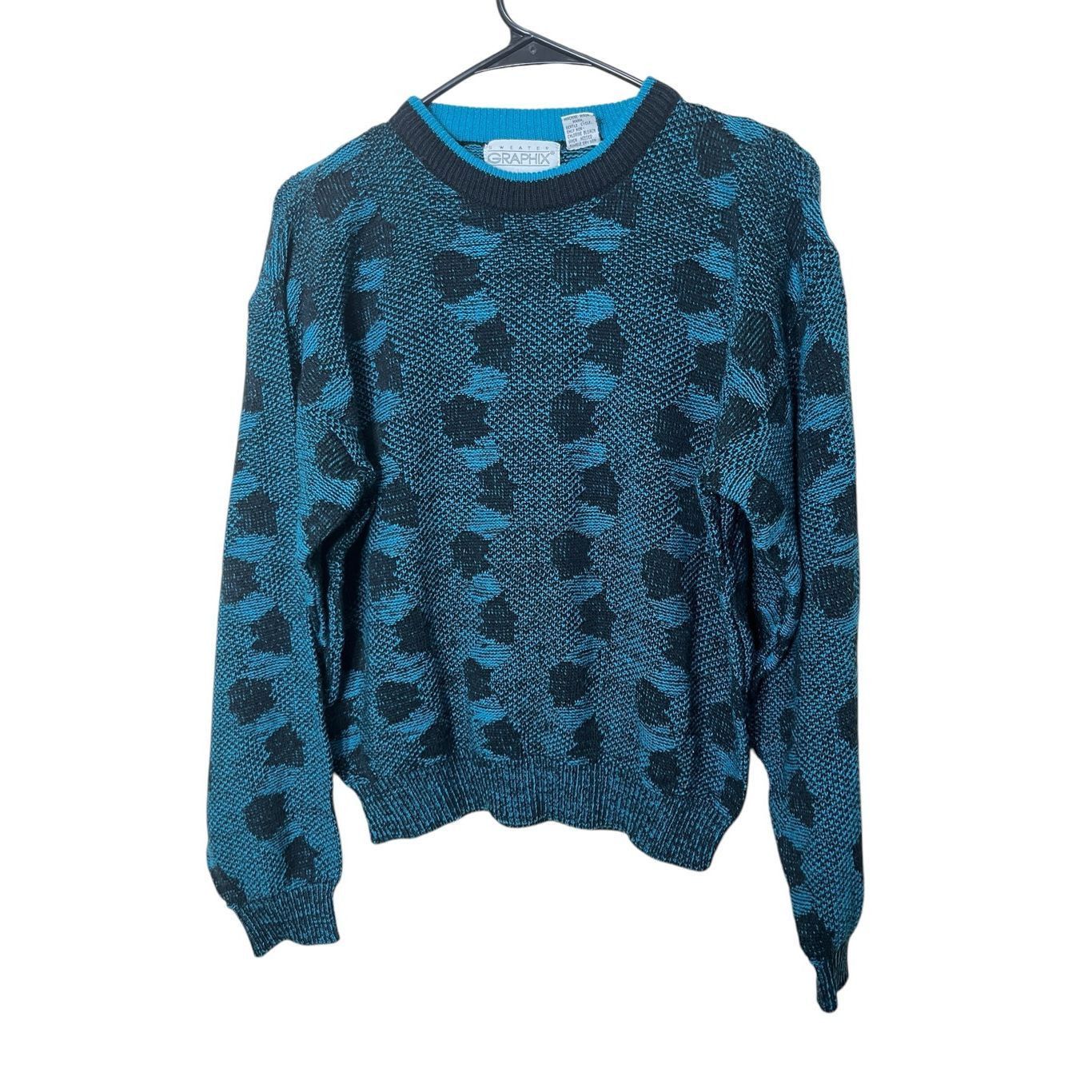 Other Vintage 1980s Sweater Graphix crew-neck knit sweater turquoise/black graphic pattern S Size S / US 4 / IT 40 - 1 Thumbnail