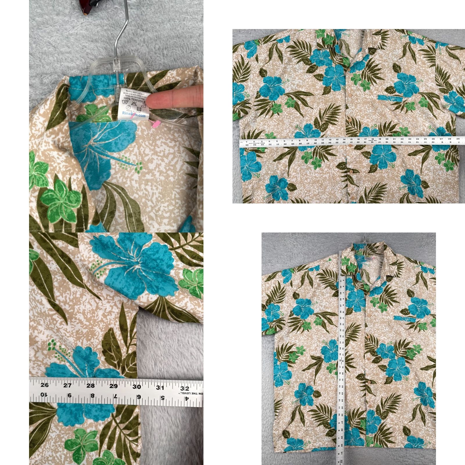 Erima Rima Shirt Adult 2XL Floral Hawaiian Beige Blue Green 100% Terivoile Button-Up Short Sleeve Mens Casual Size US XXL / EU 58 / 5 - 8 Thumbnail