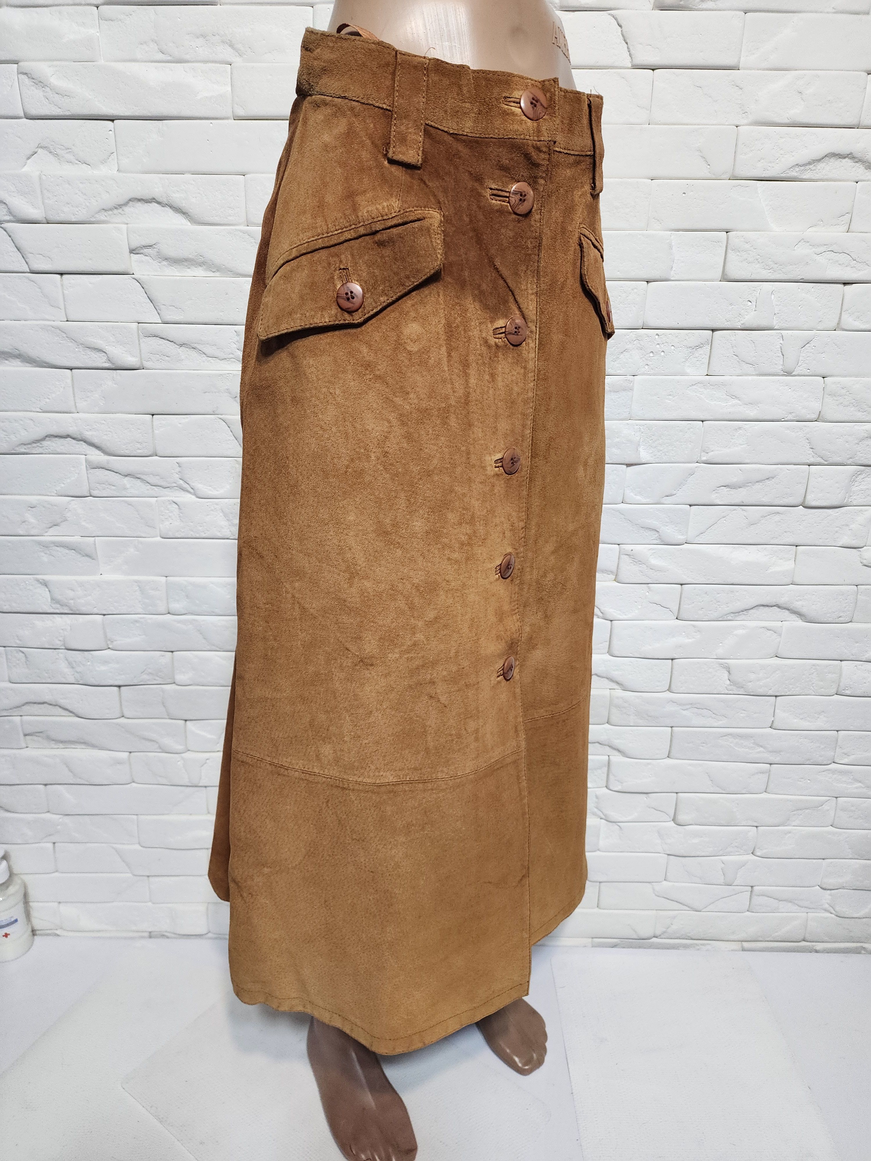 Other Brown Suede Leather Skirt, Plastic Buttons Fasteners Size 28" / US 6 / IT 42 - 3 Thumbnail
