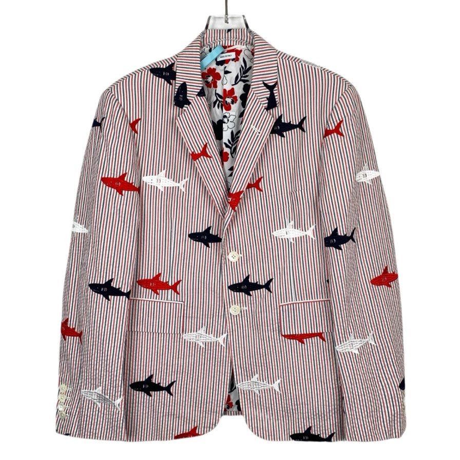 Thom Browne Thom Browne Shark Embroidery Pink Seersucker Striped Blazer Size US S / EU 44-46 / 1 - 1 Thumbnail