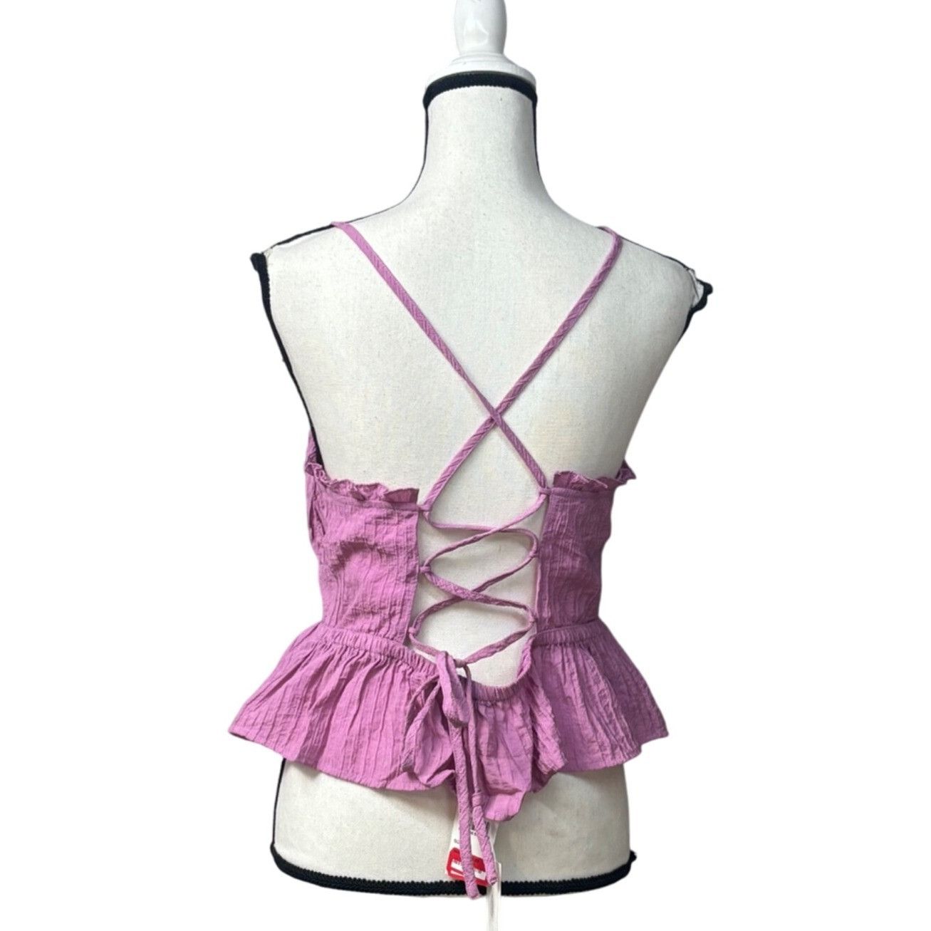 Other Lush Strappy Crinkle Fabric Lace Back Peplum Top, Pink Orcha Size L / US 10 / IT 46 - 3 Thumbnail