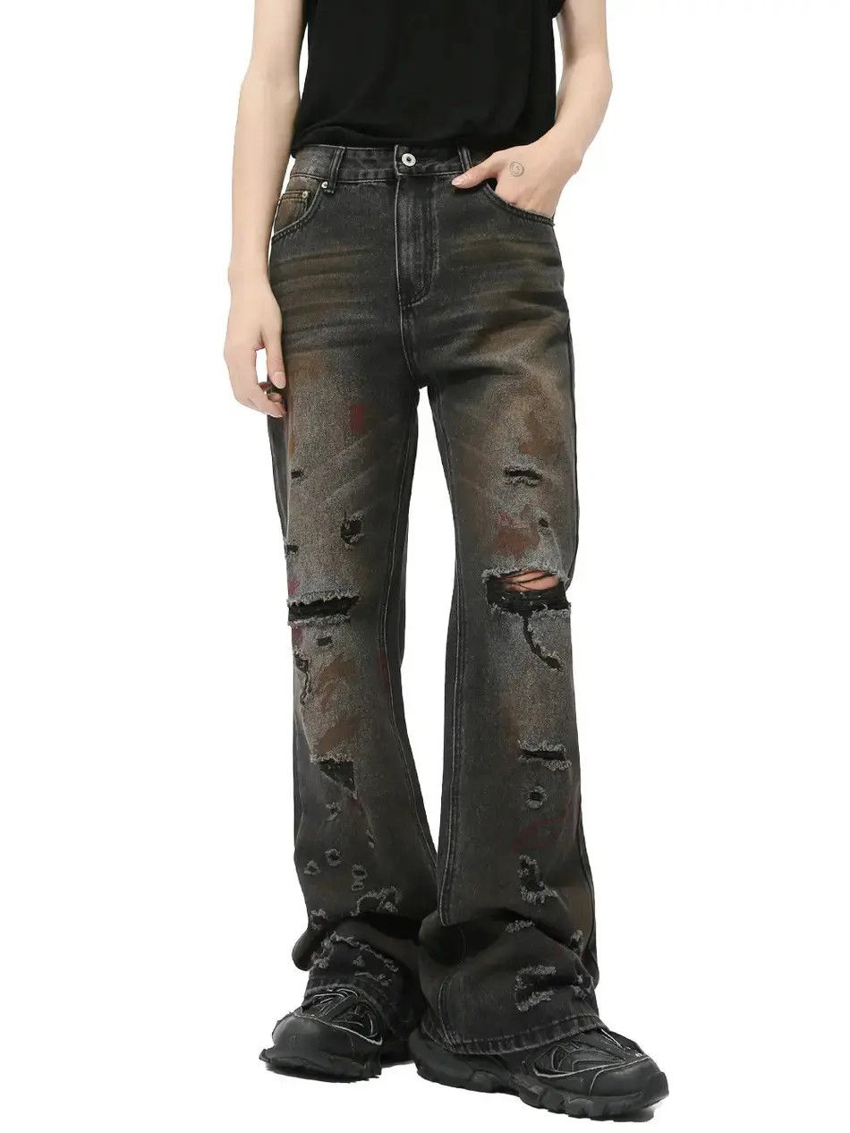 Retro loose casual ripped graffiti jeans