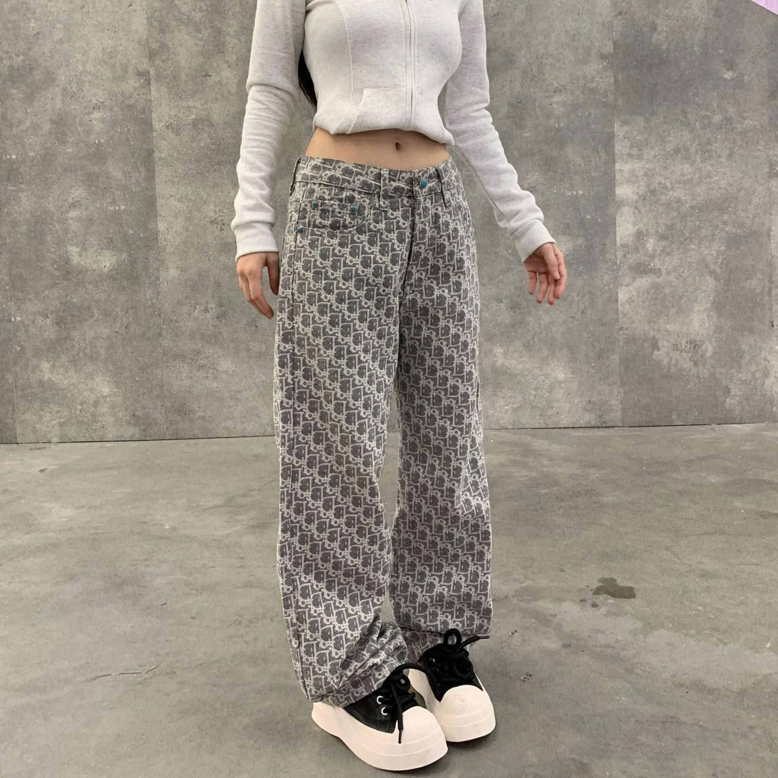 Vintage Gray Patterned Loose Fit Casual Pants, Wide Leg Pants Size 30" / US 8 / IT 44 - 1 Thumbnail