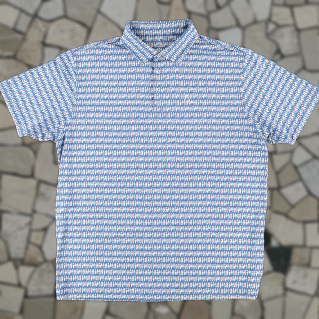 Vintage Rhoback Surfboard The Stroke Stretch Polo Shirt Blue Men's 2XL Shirt Polo Short Sleeve Collared All Over Print Regular Fit Mens Size US XXL / EU 58 / 5 - 1 Thumbnail