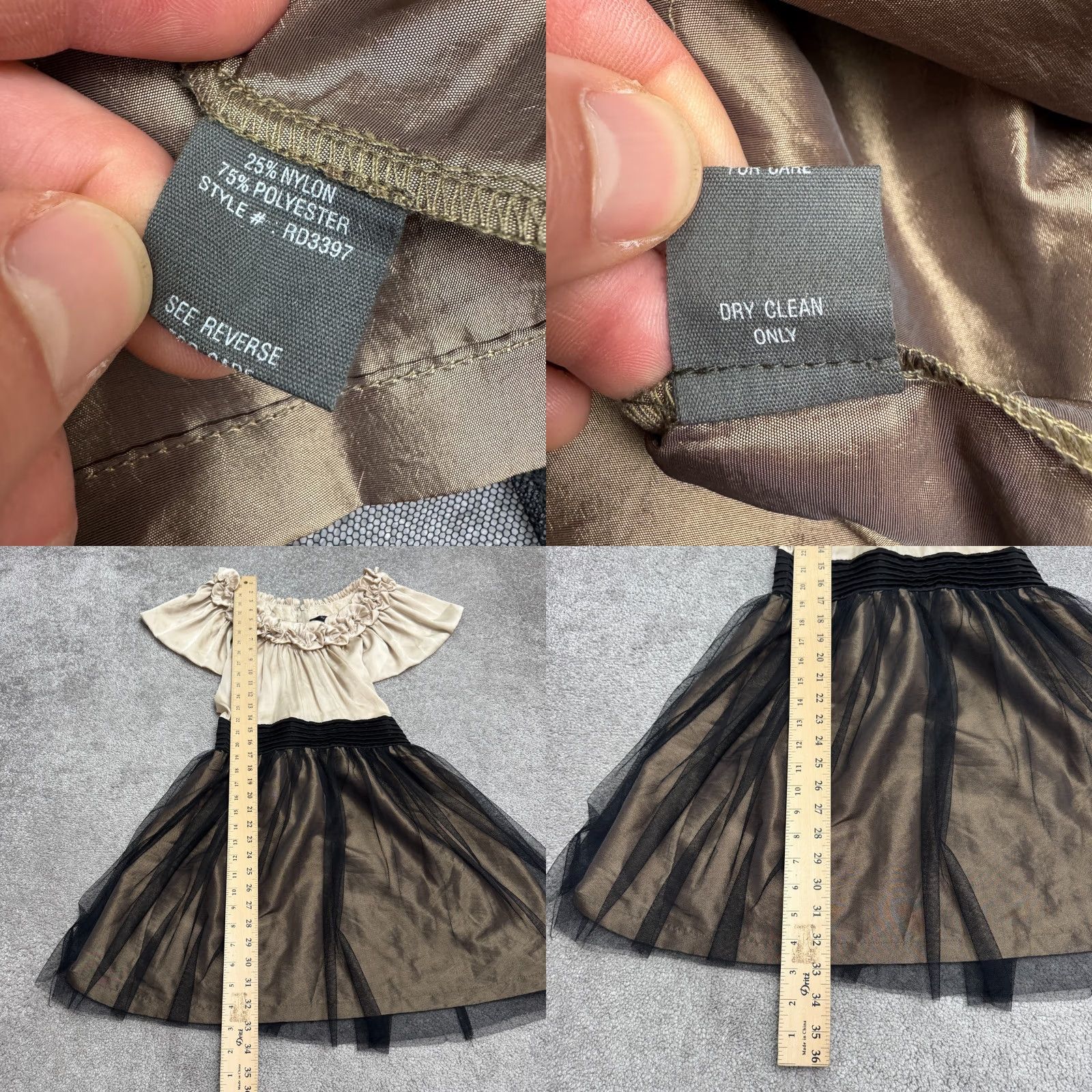 Vintage Ryu A-Line Dress Womens Medium Champagne Bronze Beige Satin Rosette Ruffle Tulle Size M / US 6-8 / IT 42-44 - 8 Thumbnail